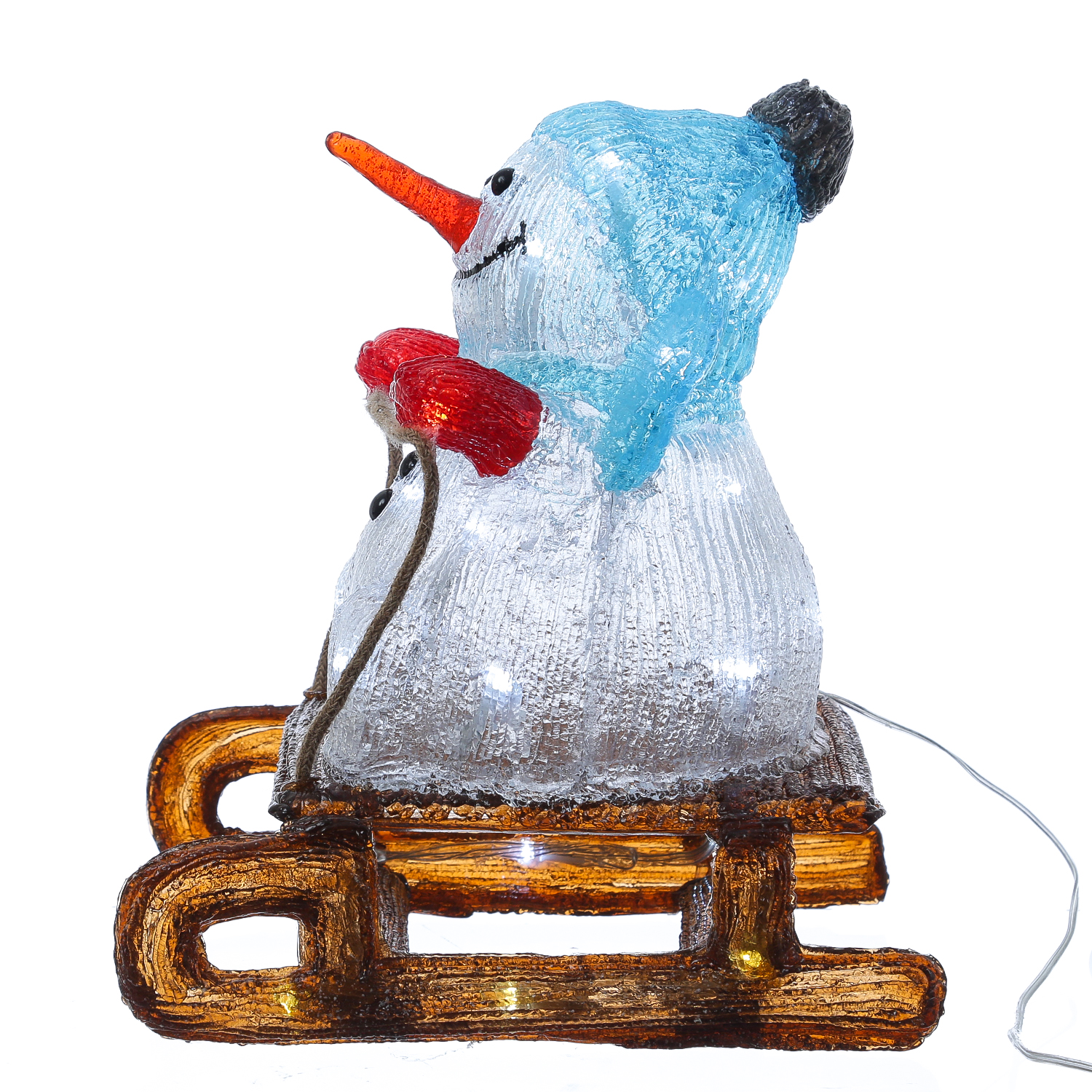 LED Schneemann mit Schlitten - Acrylfigur - 30 kaltweiße LED - H: 32cm - Timer - für Außen