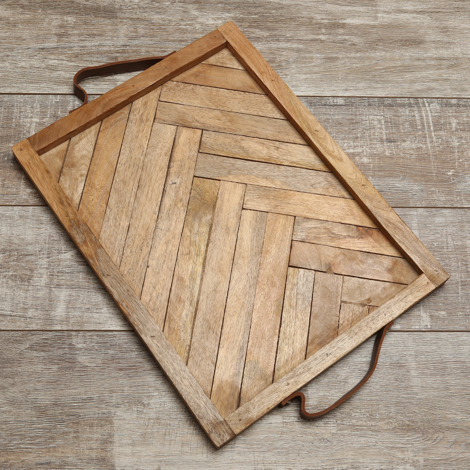 Holztablett - Dekotablett - Kunstledergriffe - rechteckig - Mangoholz - L: 41cm - H: 3cm - natur
