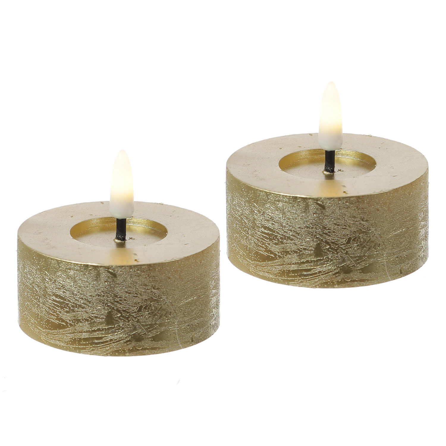 LED Maxi Teelichter LINA - Rustik-Optik - Echtwachs - Timer - D: 7cm - H: 6cm - gold - 2 Stück