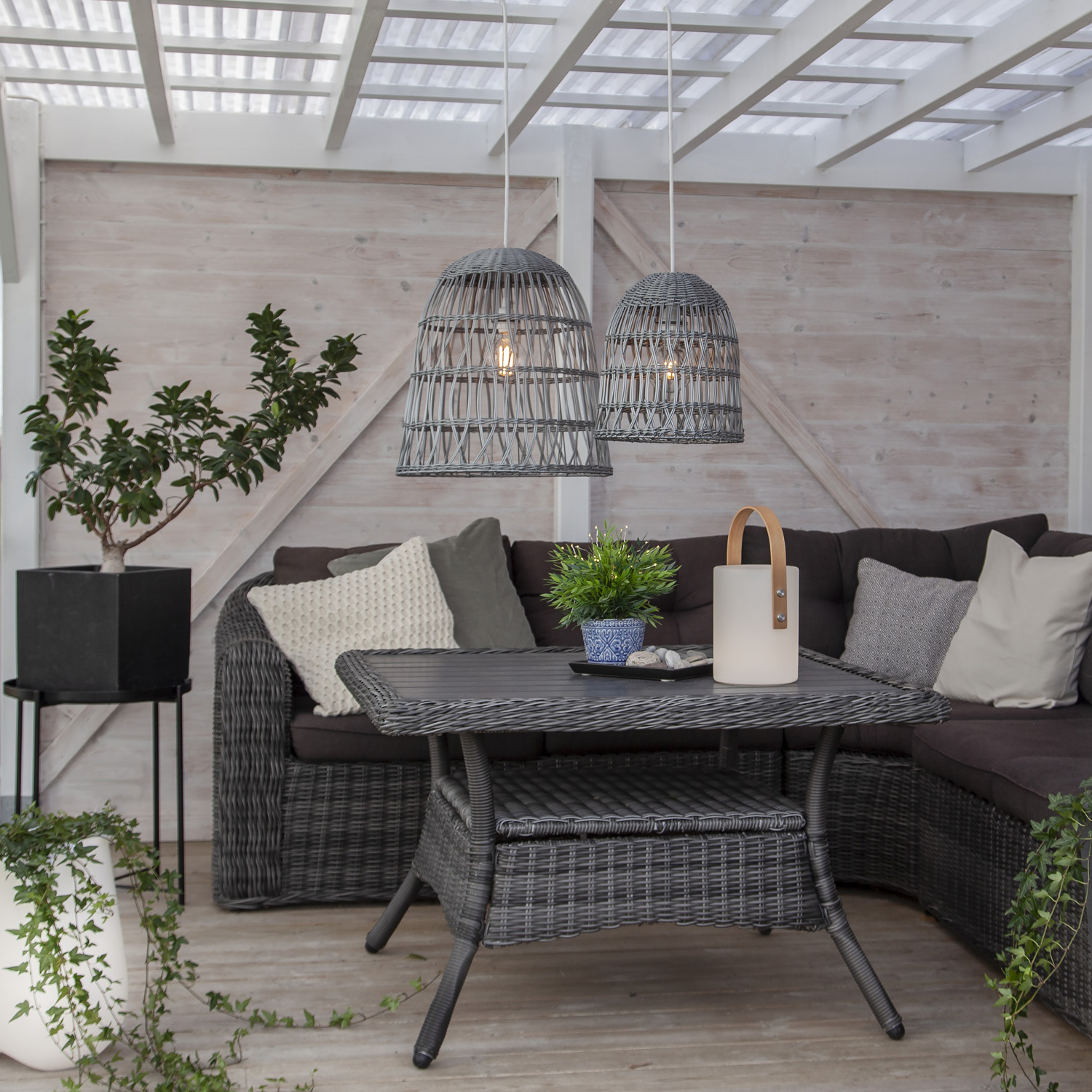 Lampenschirm Rattan wetterfest für E27 Fassungen grau H: 33cm Garten Terasse