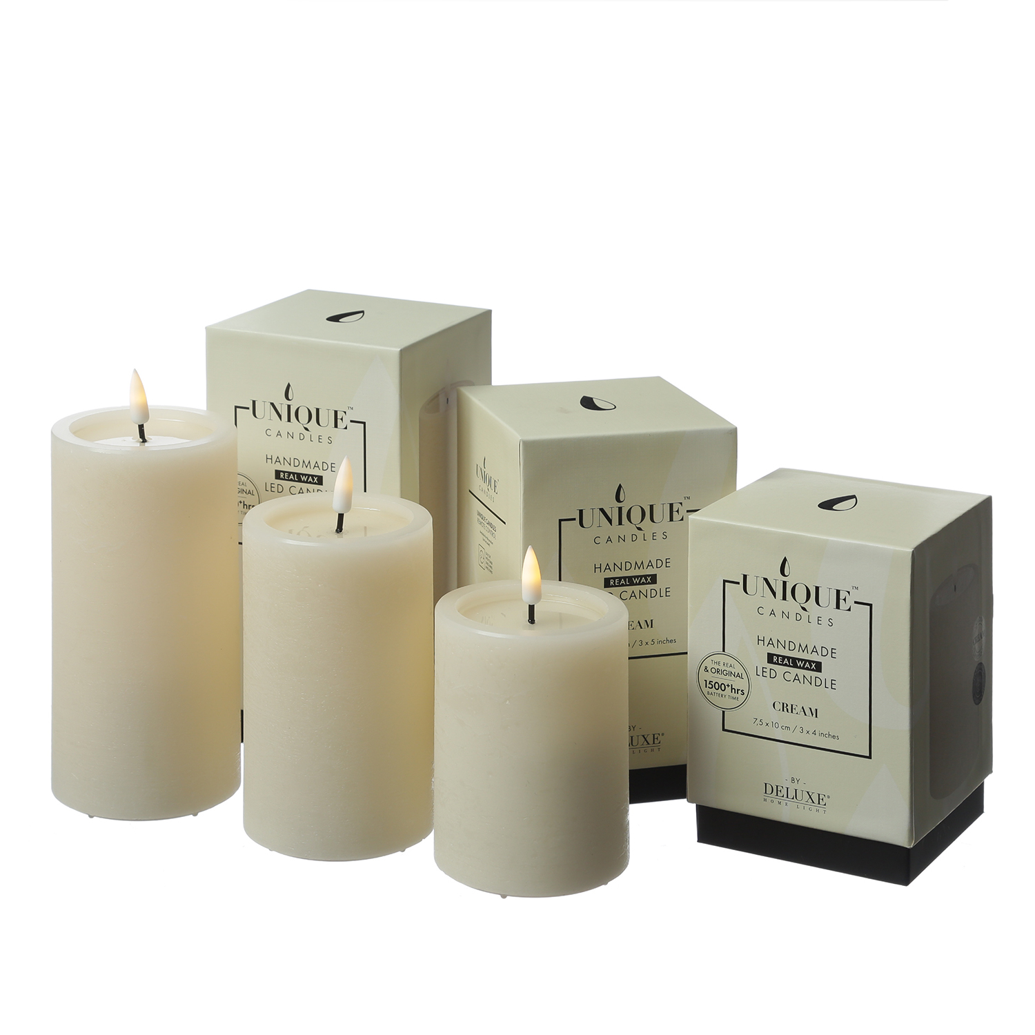 LED Kerze UNIQUE - Rustik-Optik - Echtwachs - H: 10cm - D: 7,5cm - bis zu 1500 Std. - creme