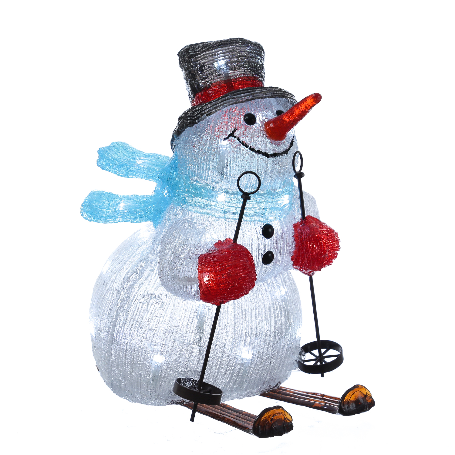 LED Schneemann auf Skiern - Acrylfigur - 30 kaltweiße LED - H: 32cm - Timer - für Außen