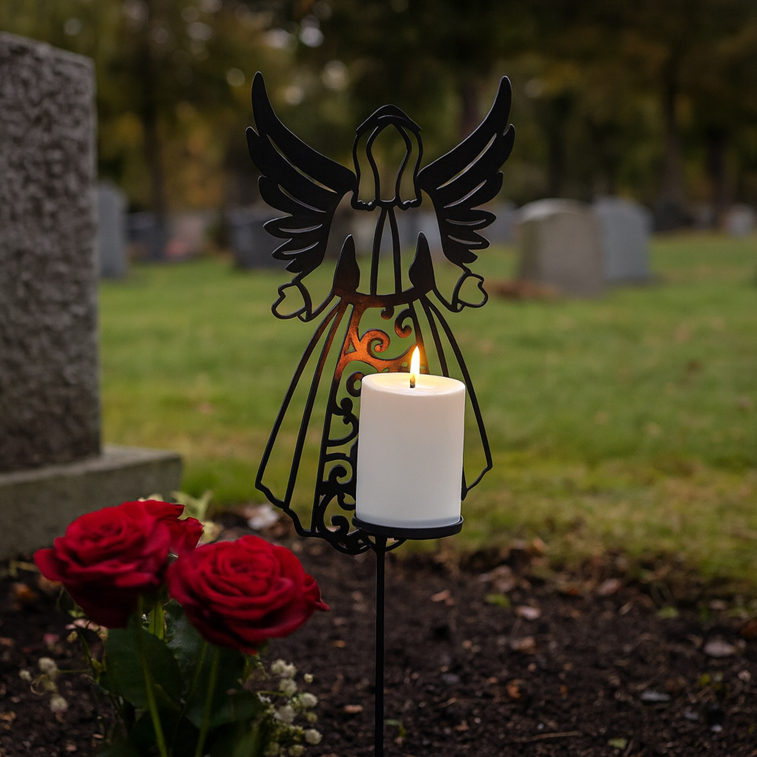 LED Grablicht Engel mit LED Kerze - Gartenfigur - H: 56cm - Timer - bis zu 2500 Stunden