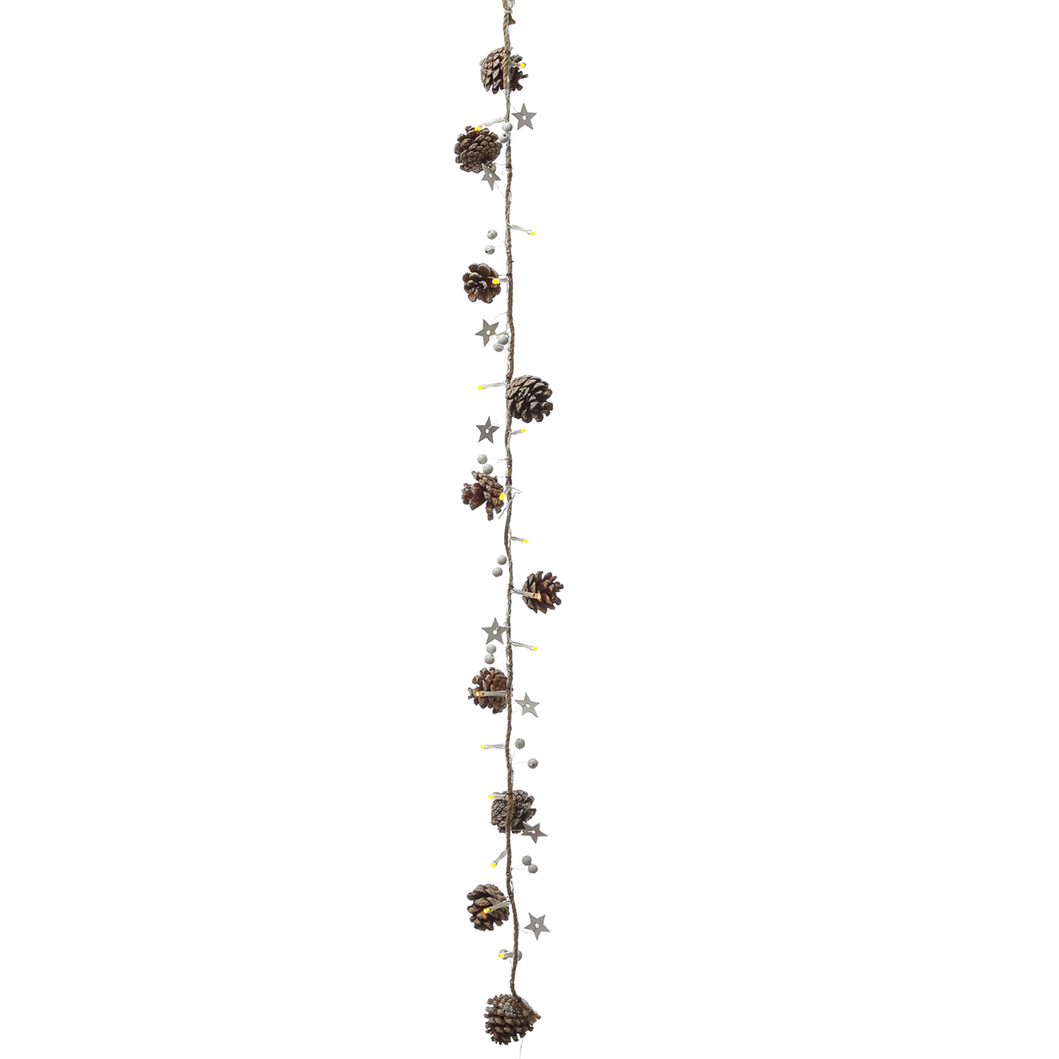 LED Lichterkette  mit Tannenzapfen und Holzsternen am Seil - 20 warmweiße LED - L: 0,9m - braun/weiß
