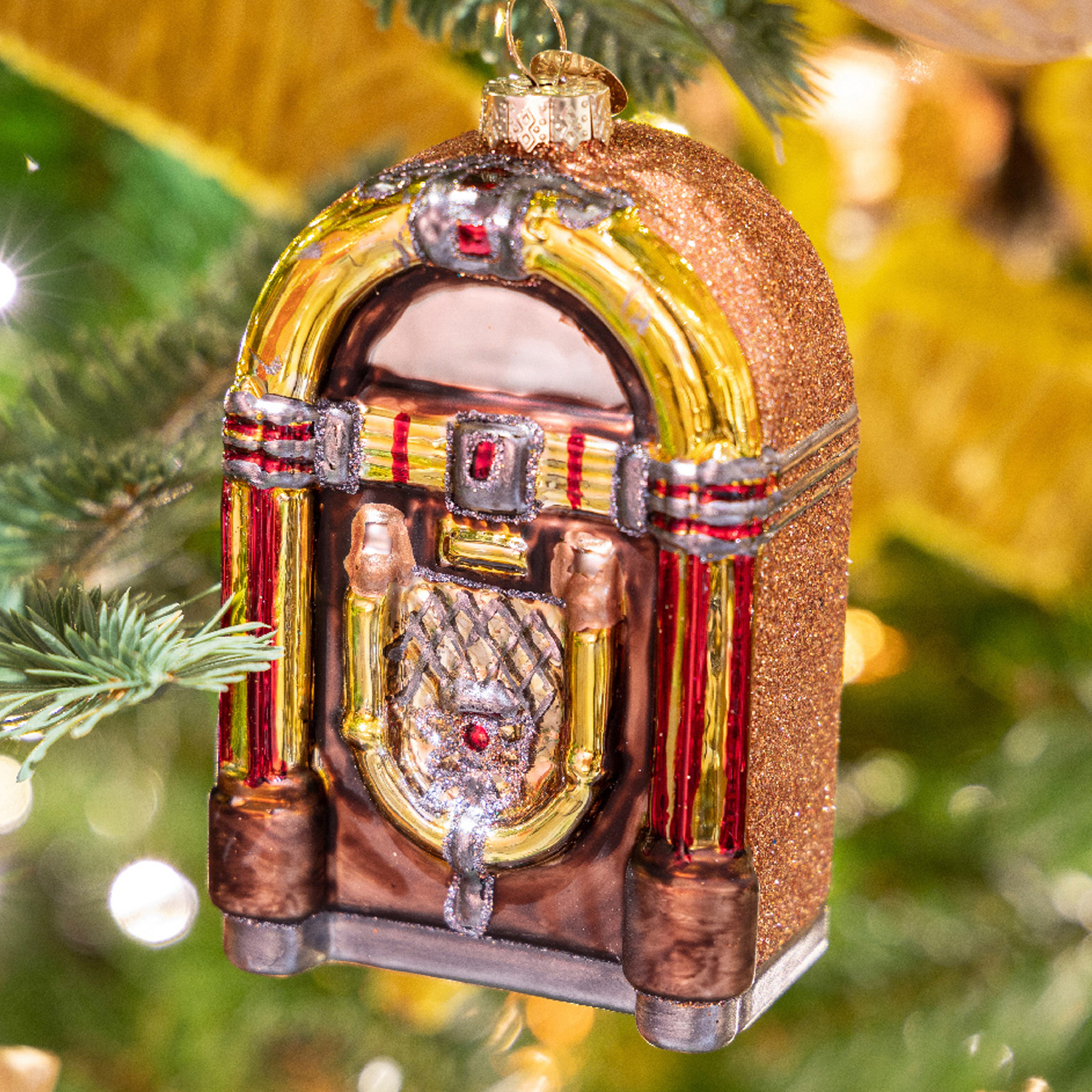Weihnachtsbaumschmuck JUKEBOX - Glas - inkl. Aufhänger - glänzend und glitzernd - H: 11,5cm - braun