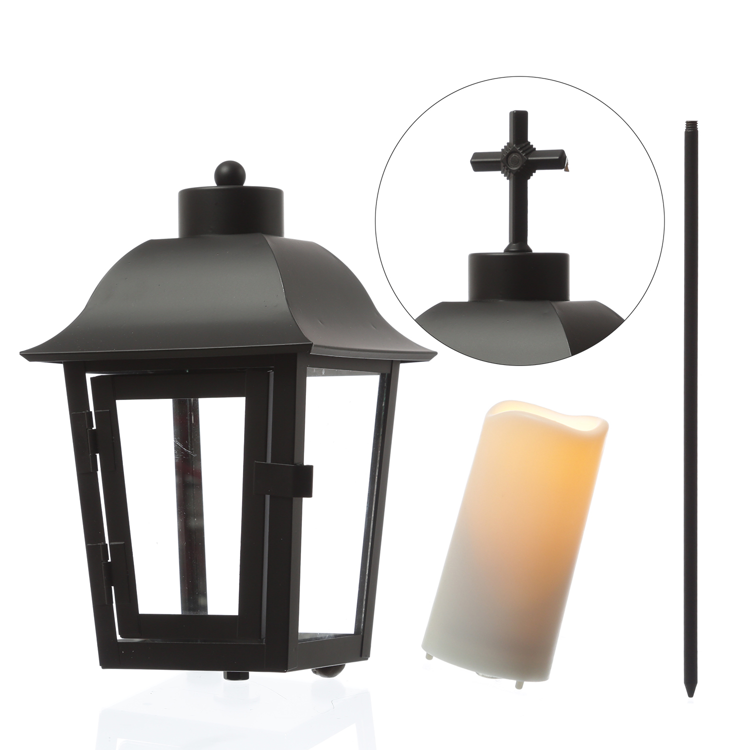 Grablaterne mit Mini LED Kerze - Grablampe mit 2 wechselbaren Spitzen/Erdspieß - H: 51cm - schwarz