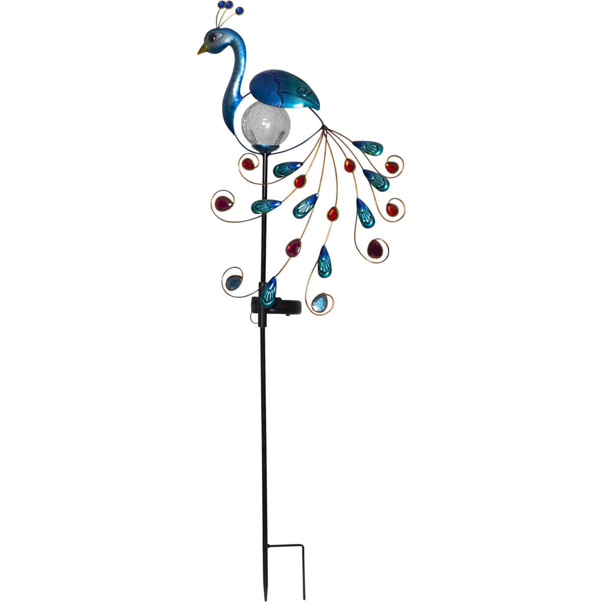 LED Solarstab "Pfau"- blau - warmweiße LED in Glaskugel - H: 80cm - Dämmerungssensor