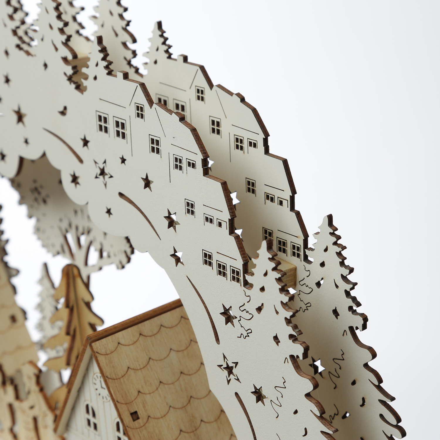 LED Schwibbogen Weihnachtsdorf - Lichterbogen - 10 LED - H: 33,5cm - 2stöckig - Timer - Batterie