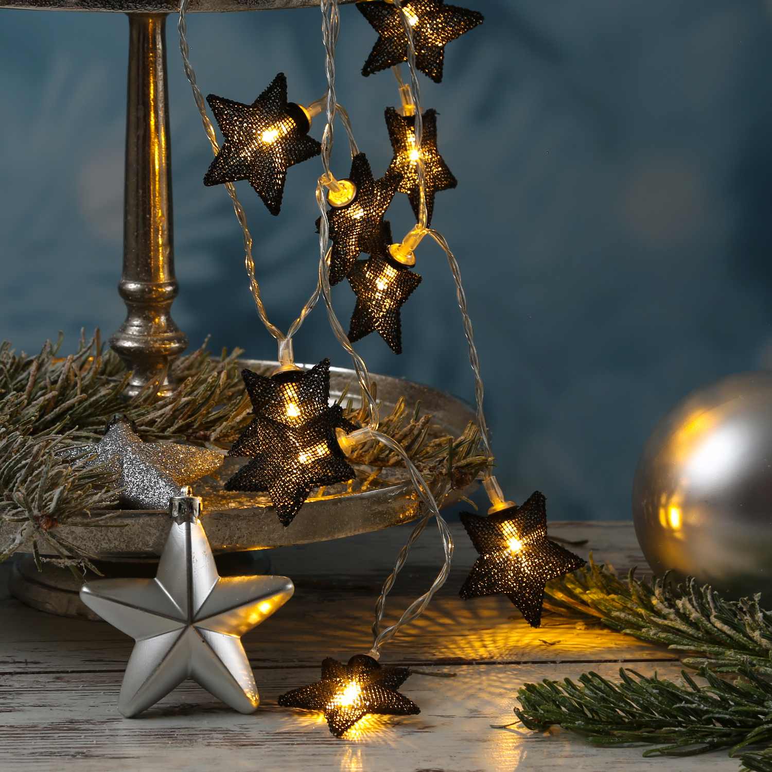 LED Lichterkette Sterne - Metall - 10 warmweiße LED - Batteriebetrieb - L: 0,9m - schwarz