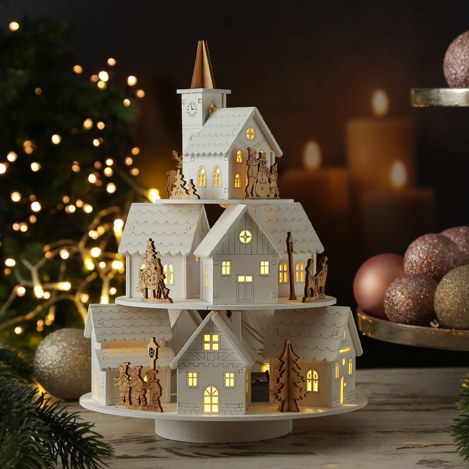 LED Holzdekoration Weihnachtsdorf - beleuchtete Winterlandschaft - L: 45cm - Timer