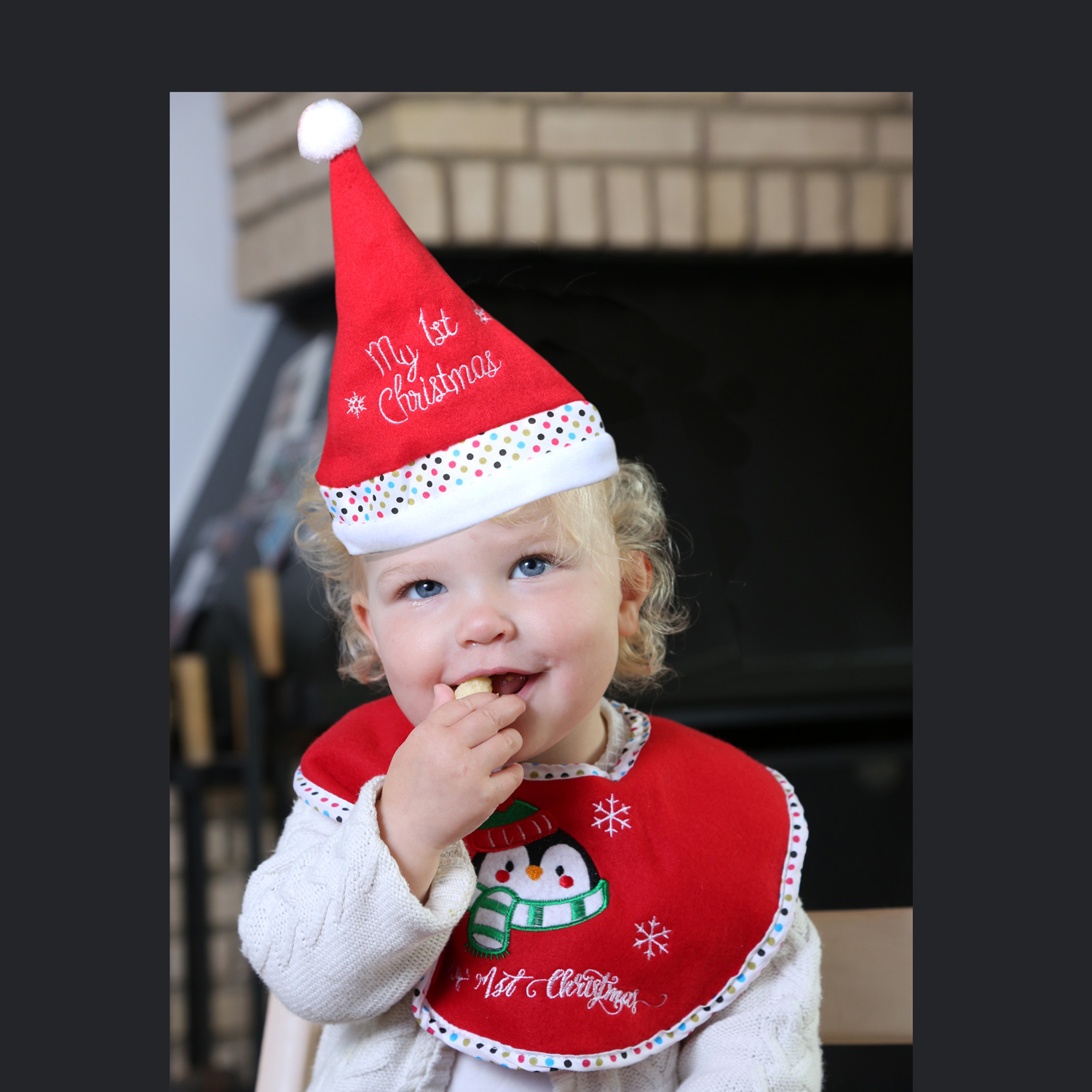 Baby Weihnachts-Geschenkset MY FIRST - Mütze und Lätzchen mit Pinguin - Polyester - rot, weiß