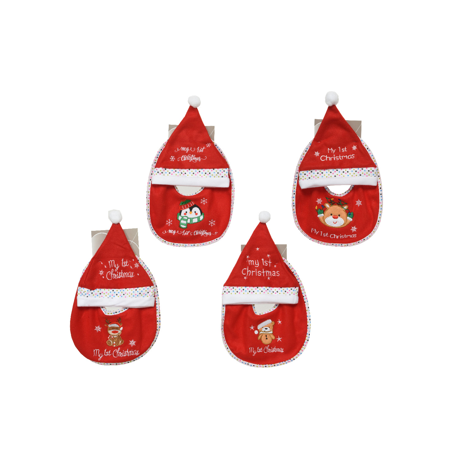 Baby Weihnachts-Geschenkset MY FIRST - Mütze und Lätzchen mit Rentierkopf - Polyester - rot, weiß