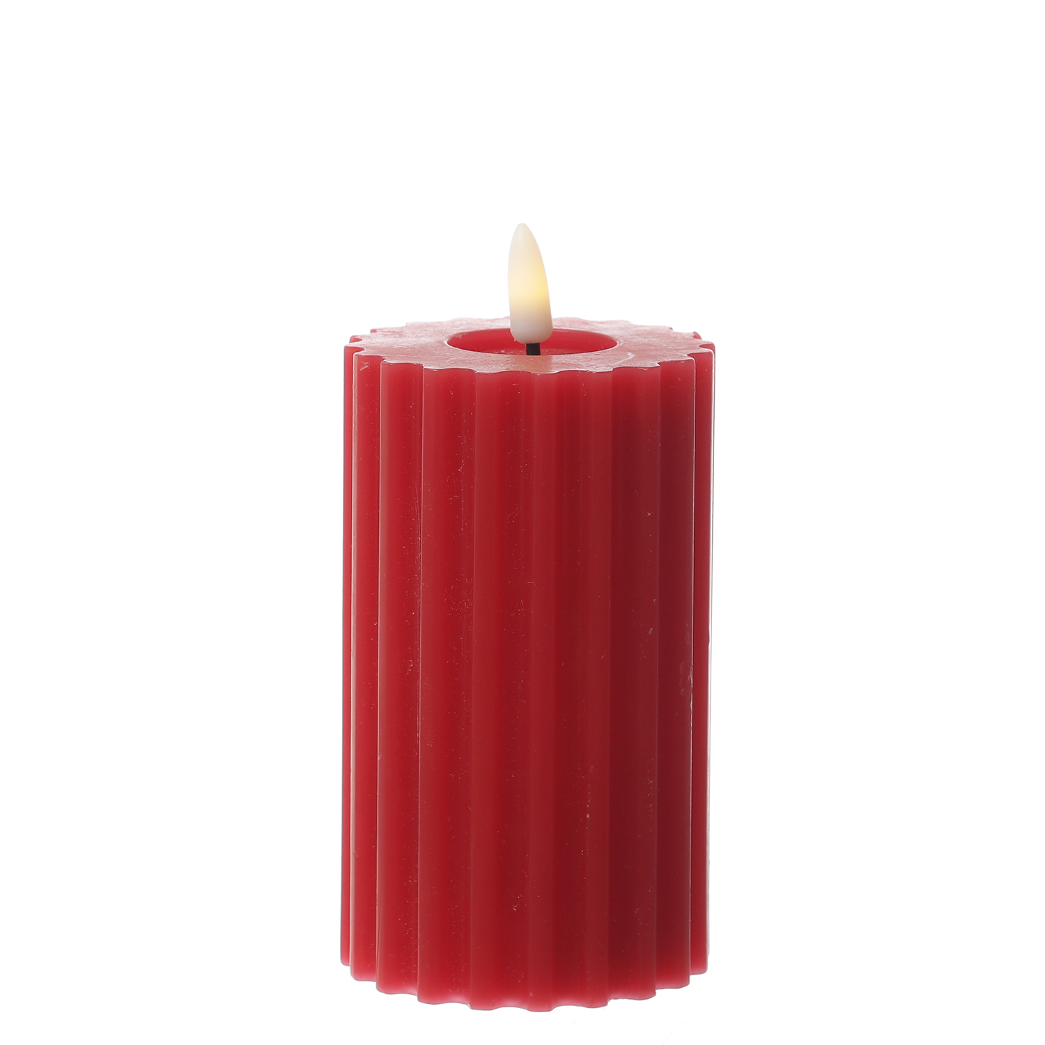 LED Kerze LIV - gerillt - Echtwachs - warmweiße 3D Flamme - H: 14,5cm - D: 7,5cm - Timer - rot
