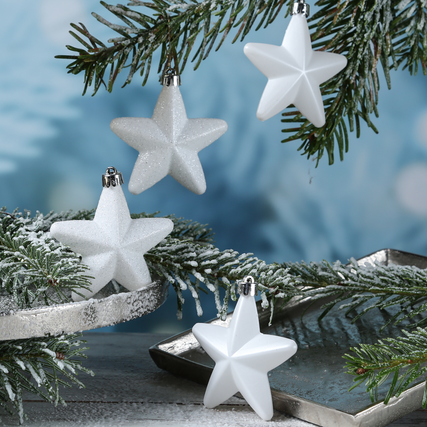 Christbaumschmuck STERN - Weihnachtsschmuck - bruchfest - glänzend matt glitzernd - weiß - 6er Set