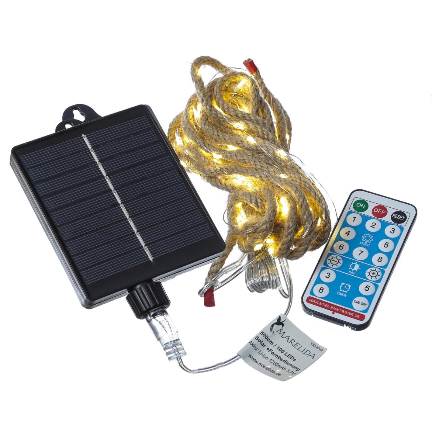 LED Solar Lichterkette Juteseil - 100 warmweisse LED - L- 5m - 8 Funktionen-USB - Fernbedienung