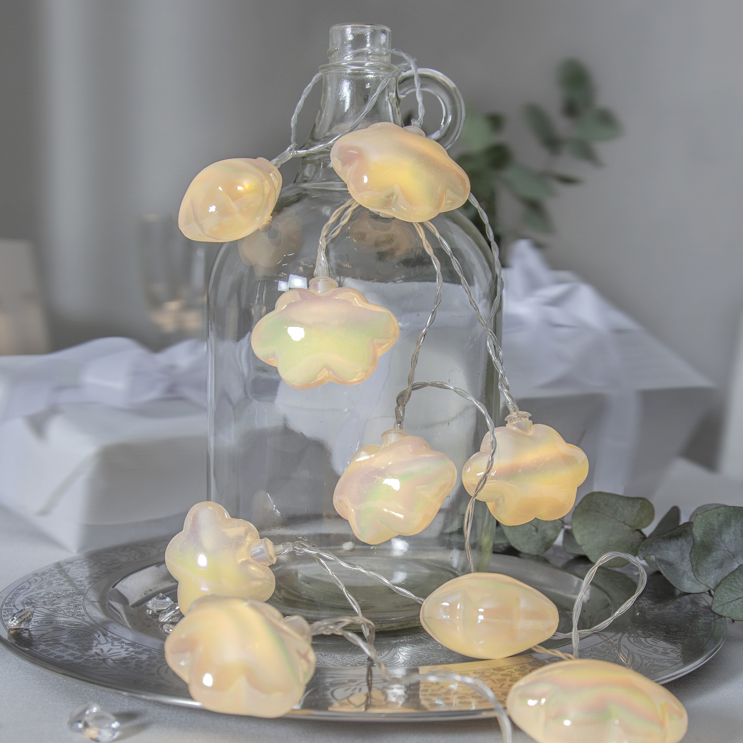 LED Lichterkette Wolken - 10 warmweiße LED - Batteriebetrieb - L: 1,35m - Innen - weiß/transparent