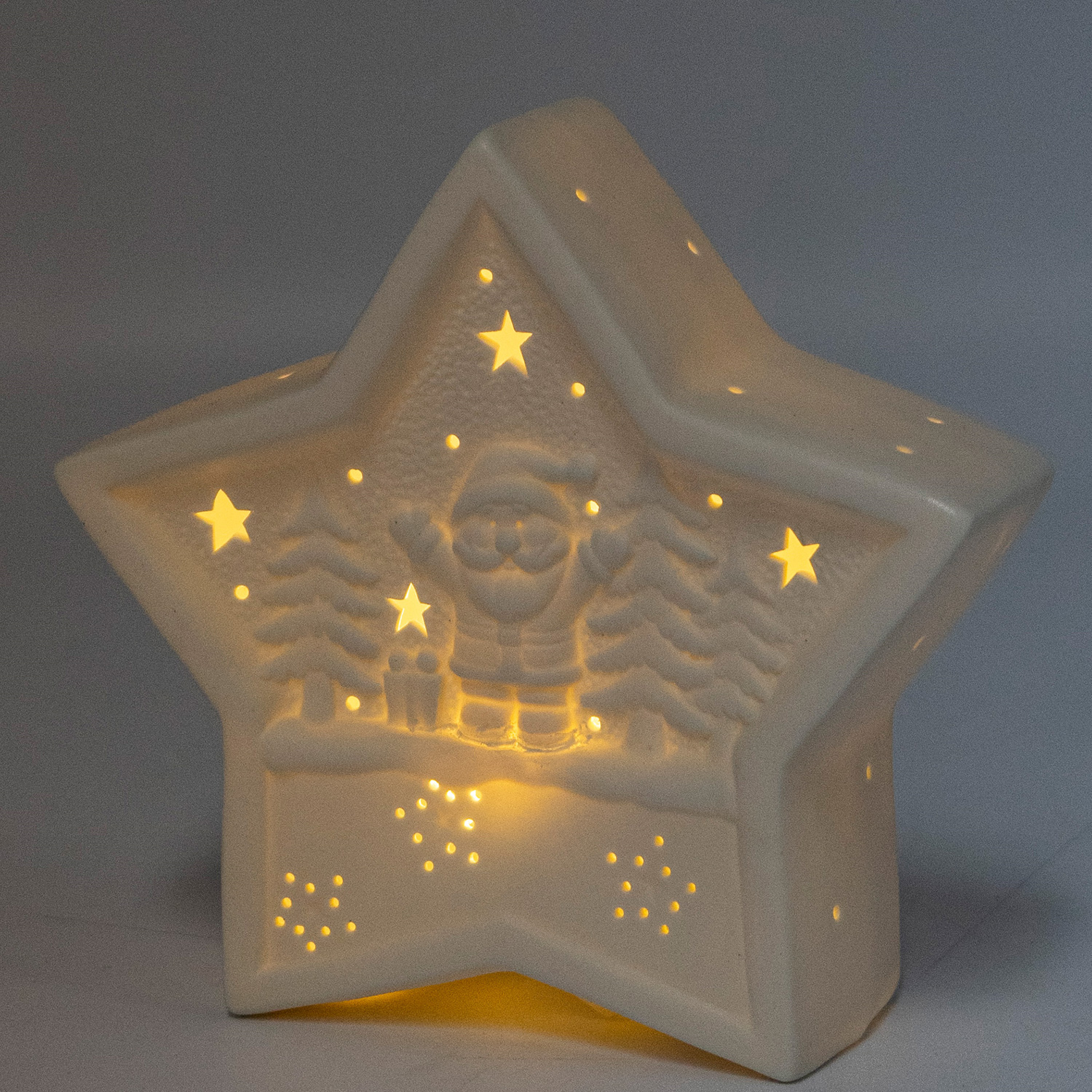 LED Dekostern NIKOLAUS - Keramik - weihnachtliches Motiv - H: 16cm - Batterie - weiß