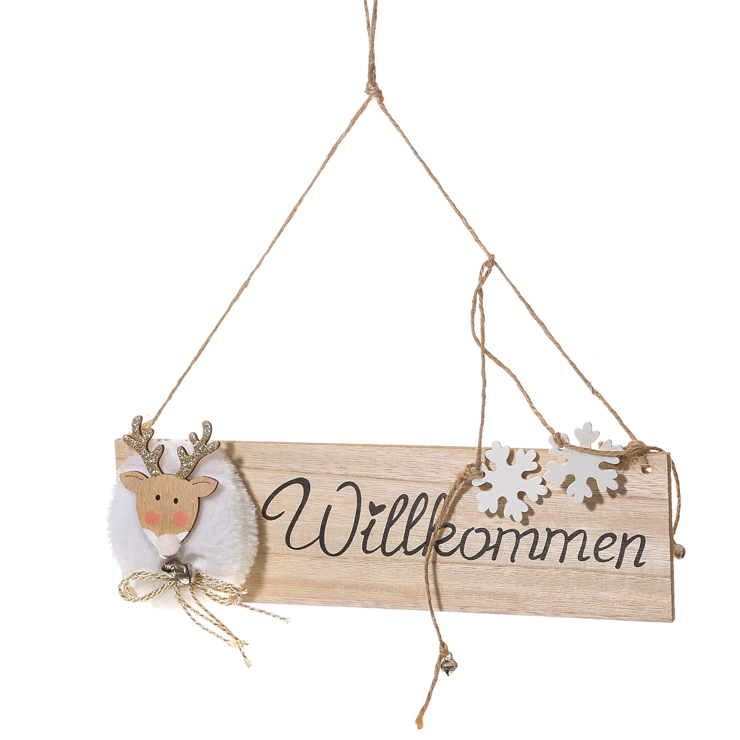 Willkommensschild Rentier mit kleinen Glocken - Türschild - Holz - hängend - L: 28cm - natur, weiß