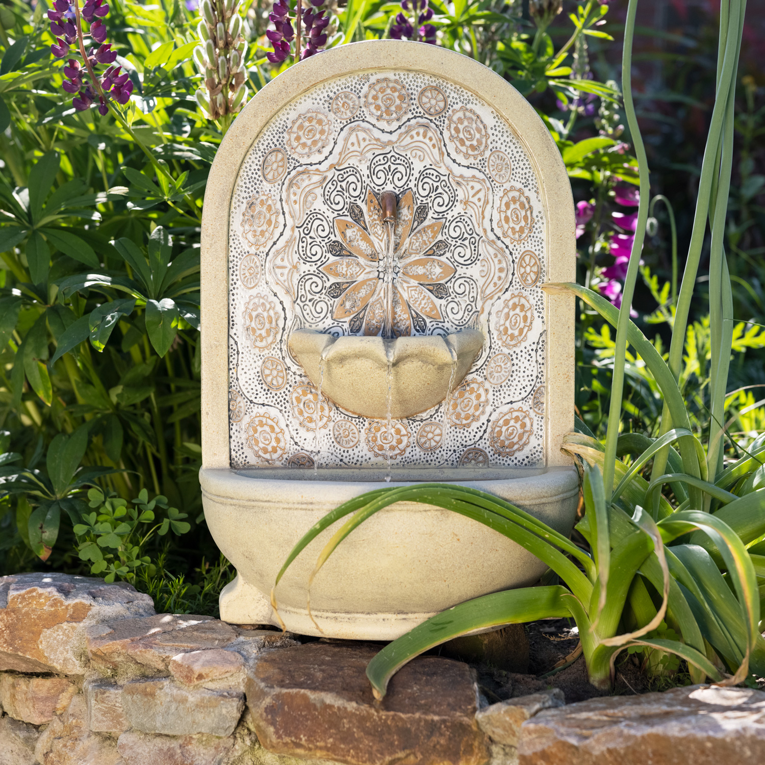 Brunnen - Wand u. Standbrunnen - rund - GRC Beton - H: 54cm - Außentrafo - natur