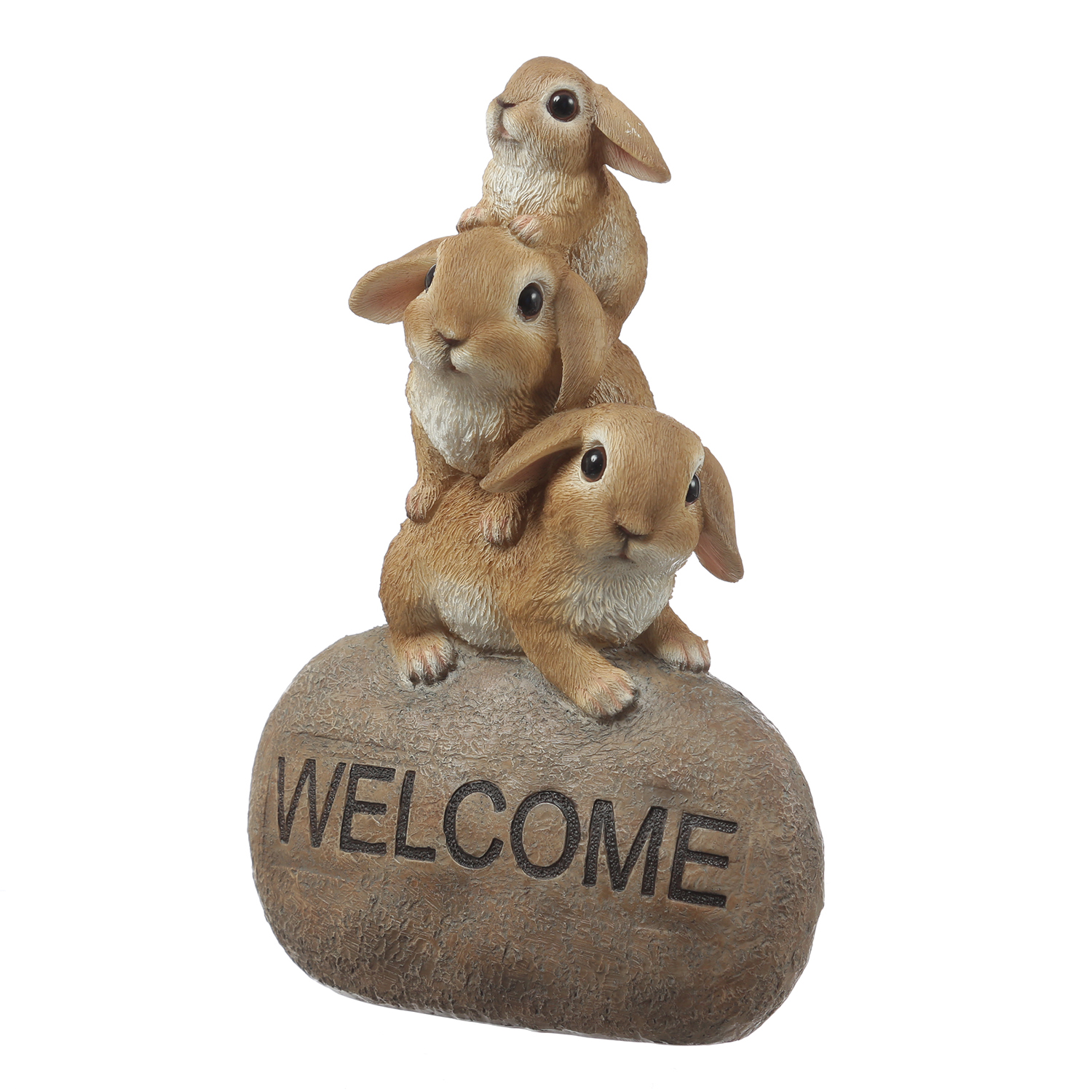 Gartenfigur Welcome - 3 Häschen auf Stein - Dekofigur - H: 26cm - Polyresin - braun
