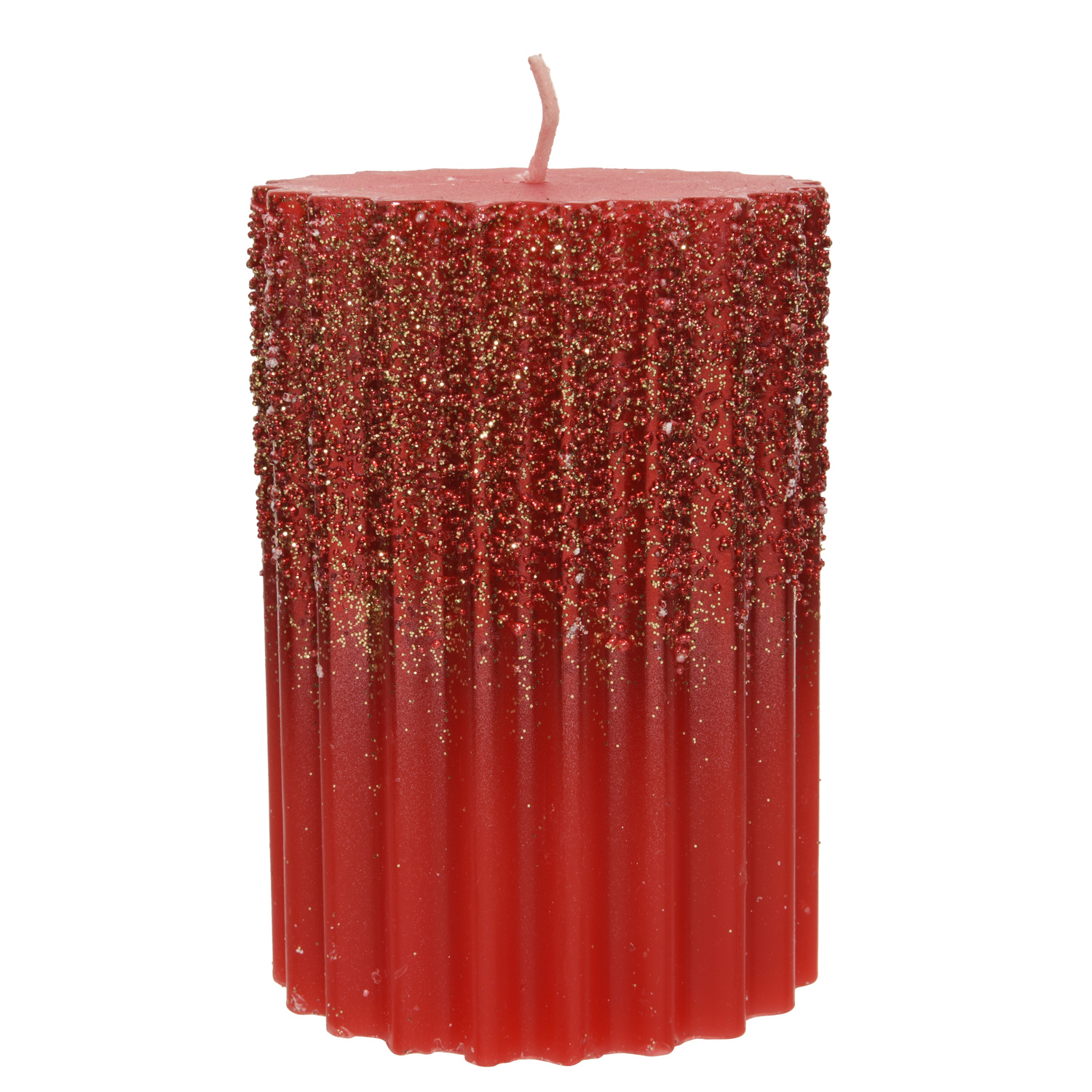 Stumpenkerze - Goldglitzer - geriffelt - H: 10cm - D: 7cm - rot