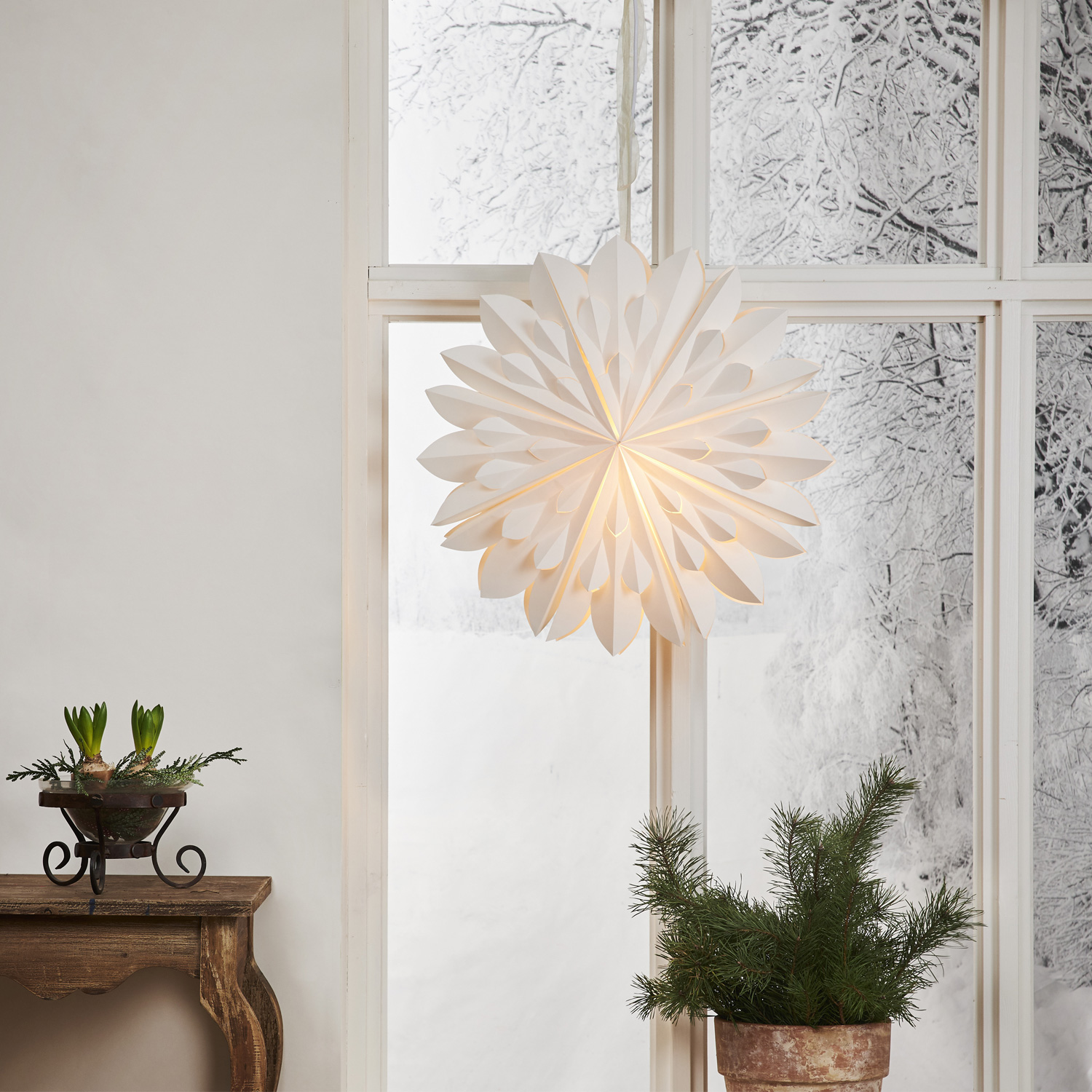 Papierstern CLIPP - hängend - D: 60cm - mit Band - Papier - weiß