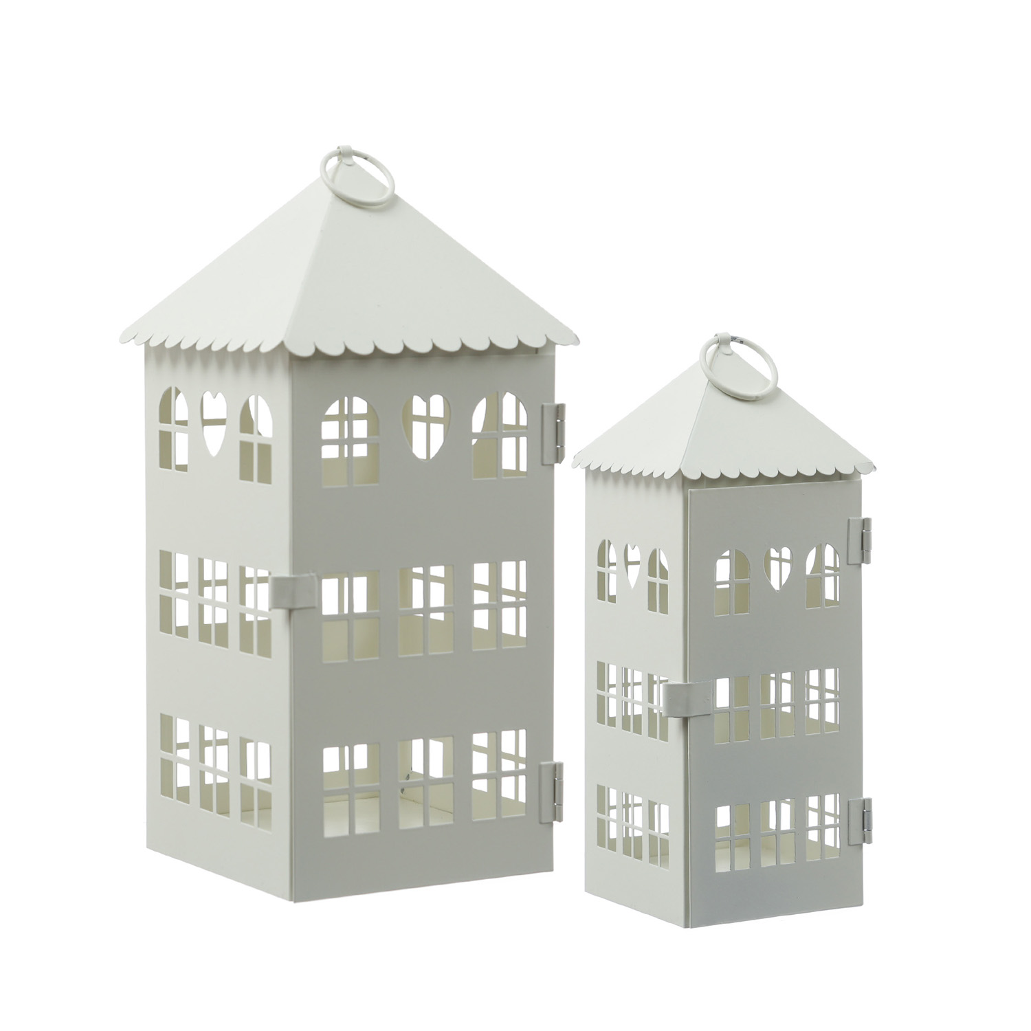 Laternen in Hausform mit Herz - 2er Set Metallhäuser - Lichthäuser - H: 30cm/23cm - weiß