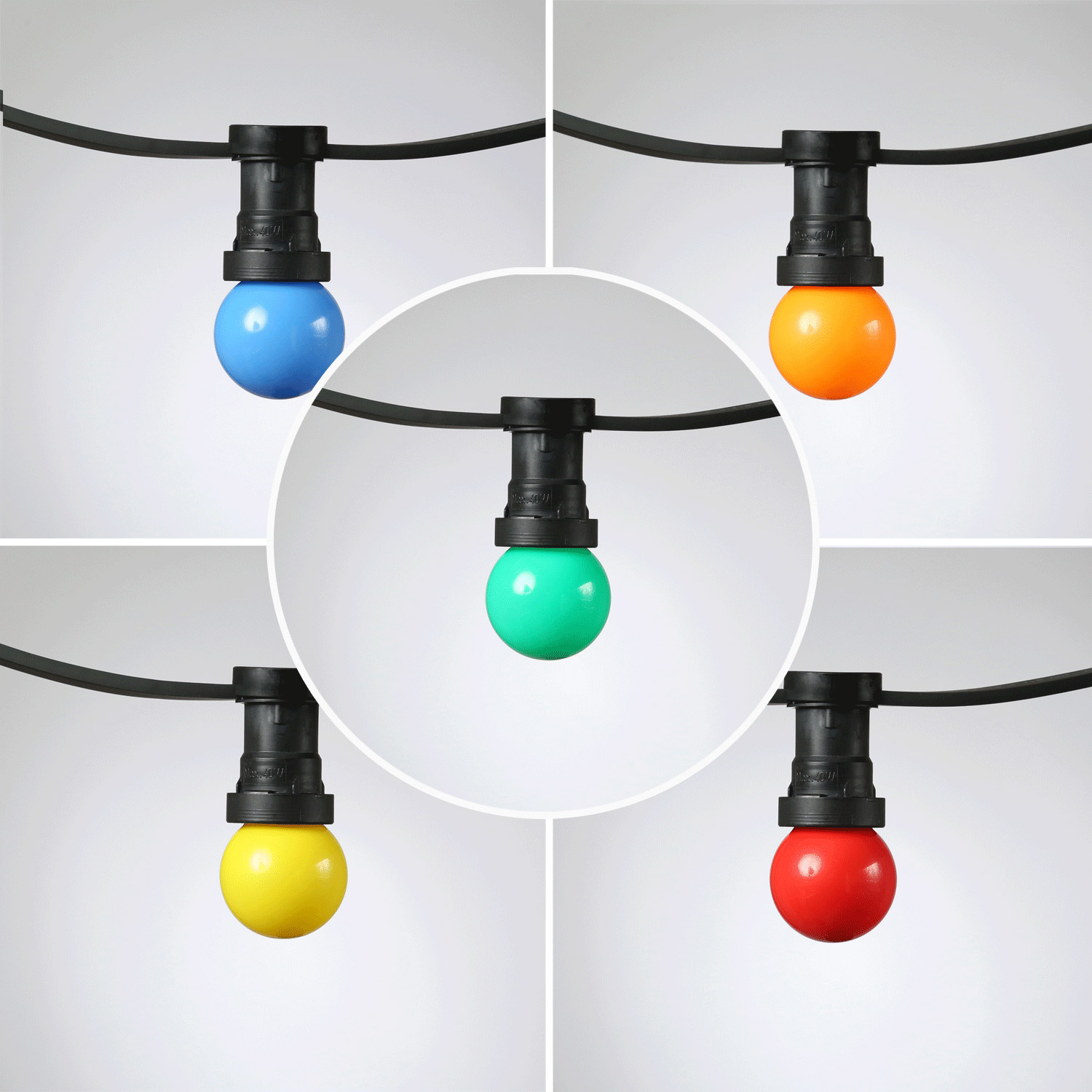 Illu-/Partylichterkette 10m - Außenlichterkette schwarz - Made in Germany - 20 bunte LED Kugellampen