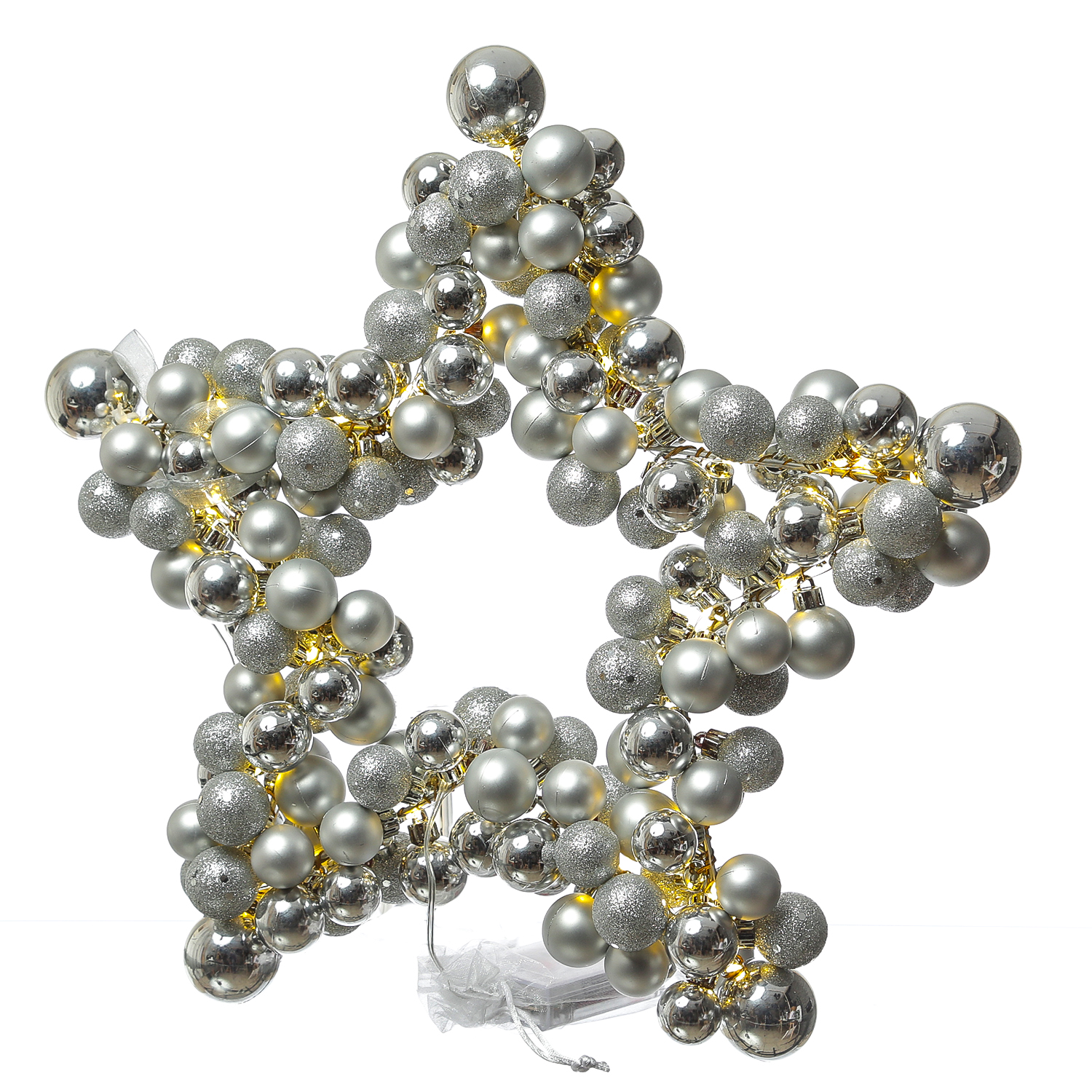Weihnachtsstern mit Christbaumkugeln und LED Lichterkette - D: 40cm - Timer - silber