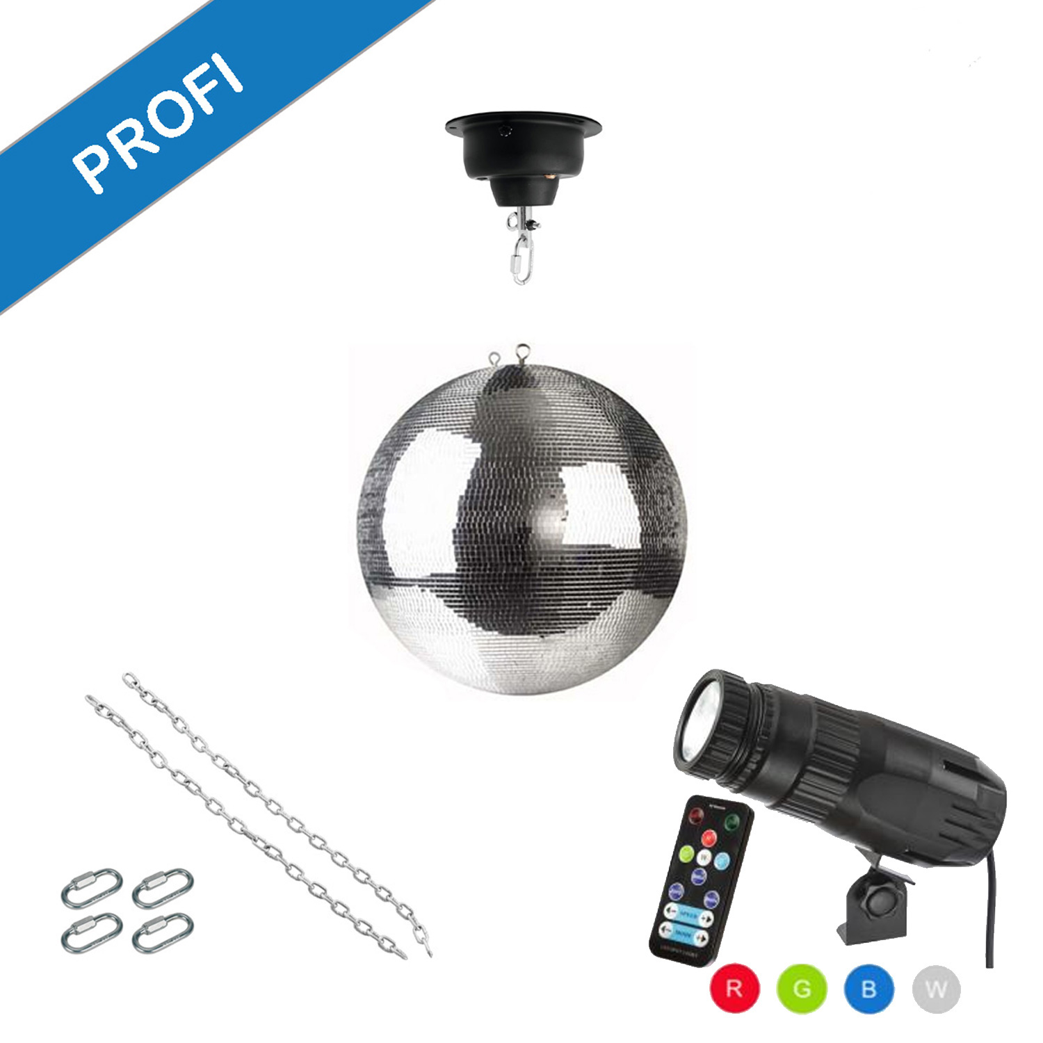Spiegelkugel Komplettset 30cm mit Motor, 9W LED Pinspot (RGB) und Montagematerial PROFI