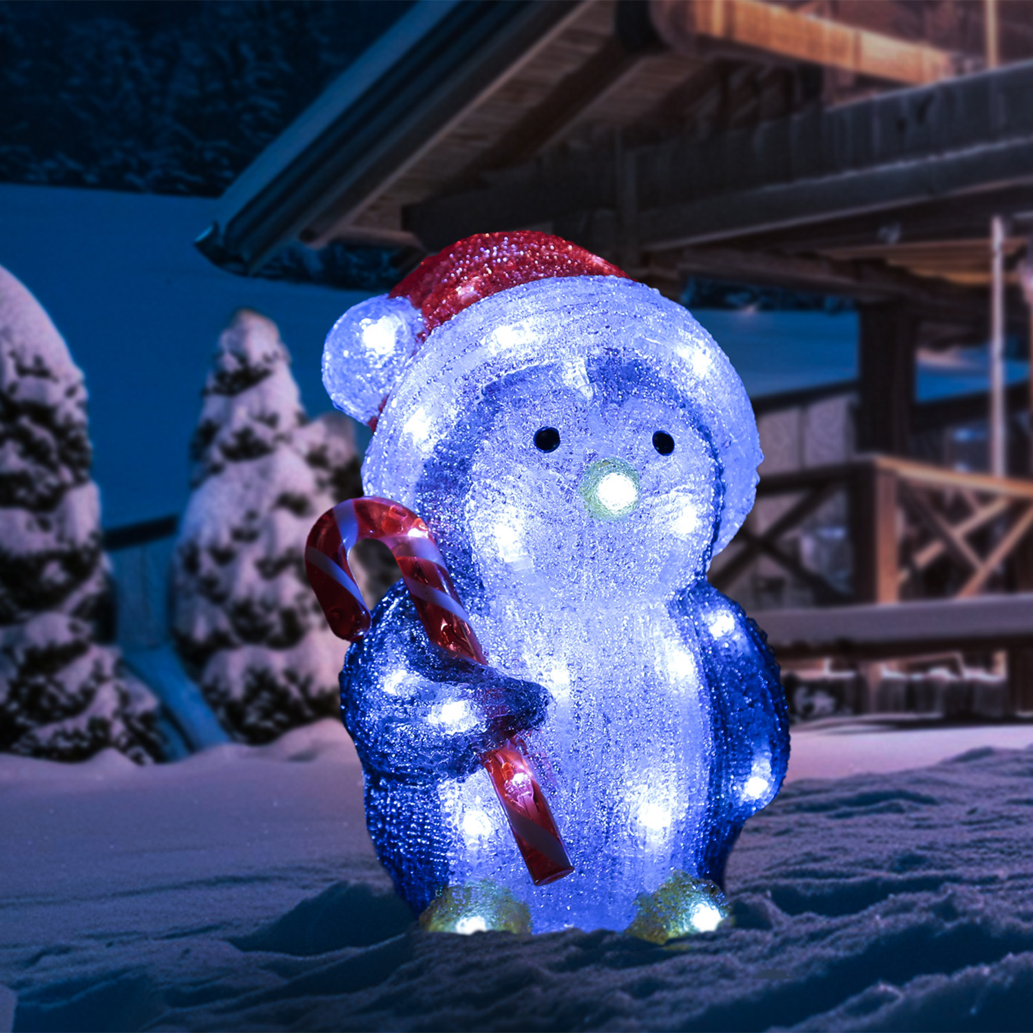 LED Pinguin mit Zuckerstange - Acrylfigur - 32 kaltweiße LED - H: 24cm - Timer - Batteriebetrieb