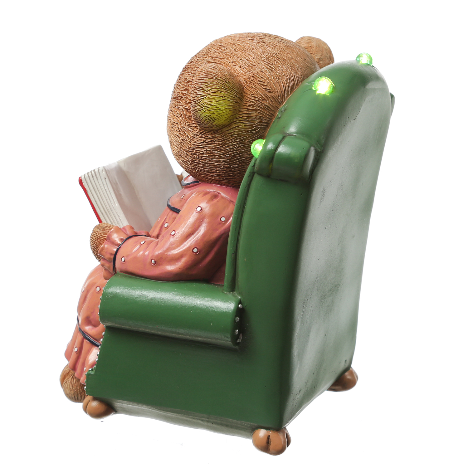 LED Bär mit Teddybär im Sessel mit Buch - Dekofigur - Polyresin - H: 22cm - Batterie - Timer