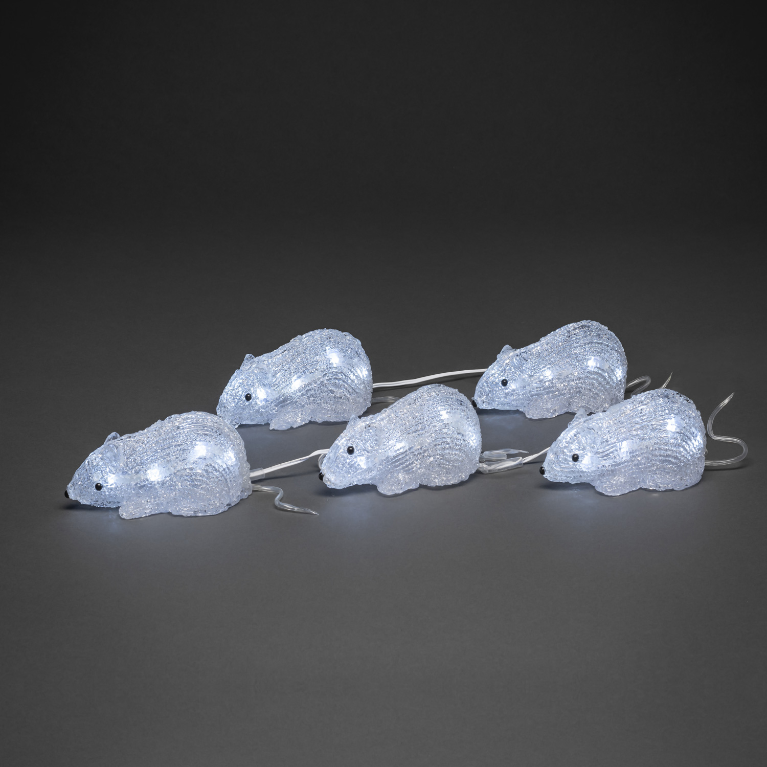 LED Lichterkette Acryl Mäuse - 5 Leuchtfiguren - 40 kaltweiße LED - Trafo - für Außen