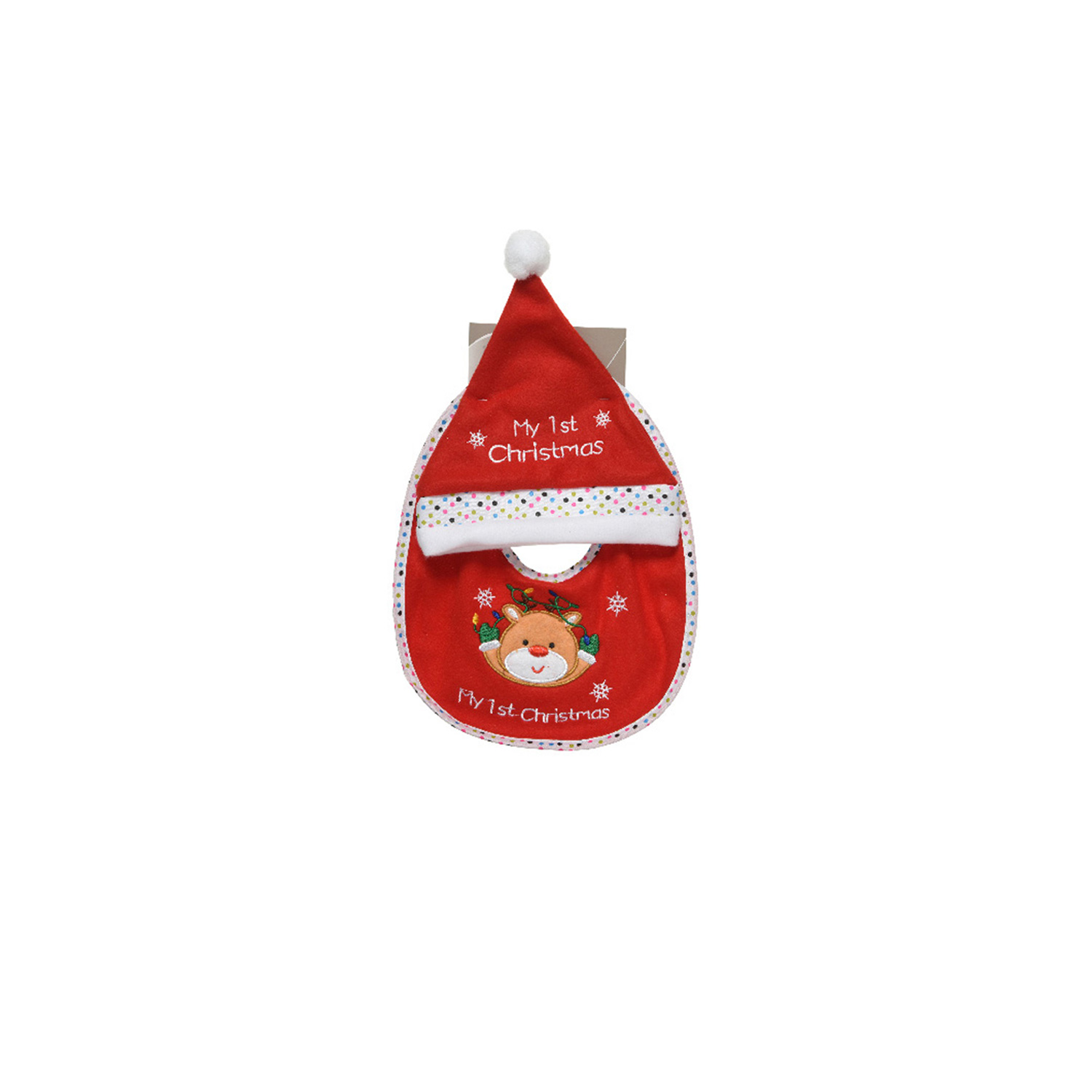 Baby Weihnachts-Geschenkset MY FIRST - Mütze und Lätzchen mit Rentierkopf - Polyester - rot, weiß