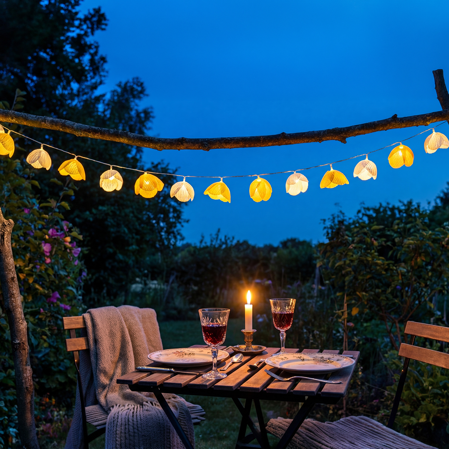 LED Lichterkette Blumen - 15 weiße u. gelbe Blüten - Batterie/Timer - L: 1,4m - Innen/Außen