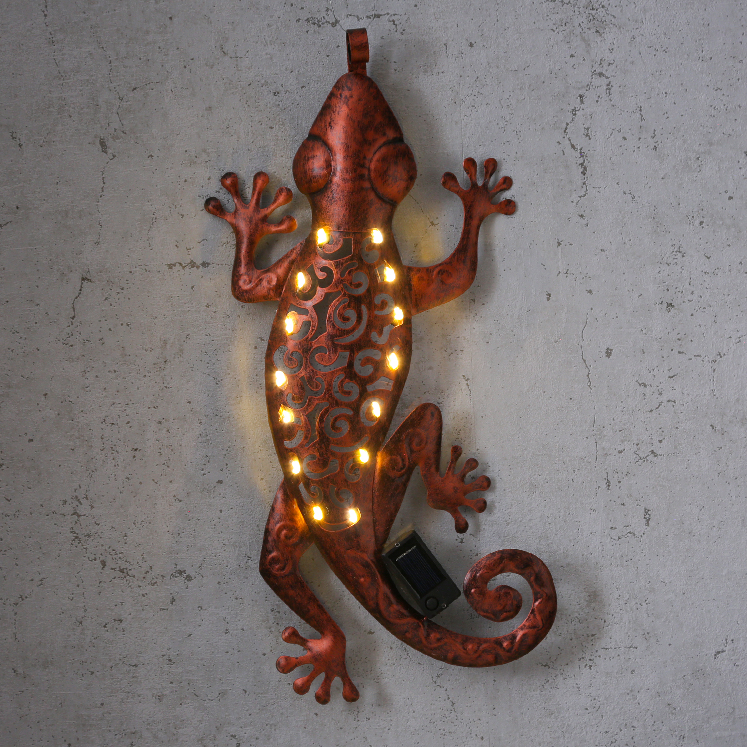 LED Solar Gartendeko GECKO - 15 warmweiße LED - H: 46cm - Dämmerungssensor - kupfer