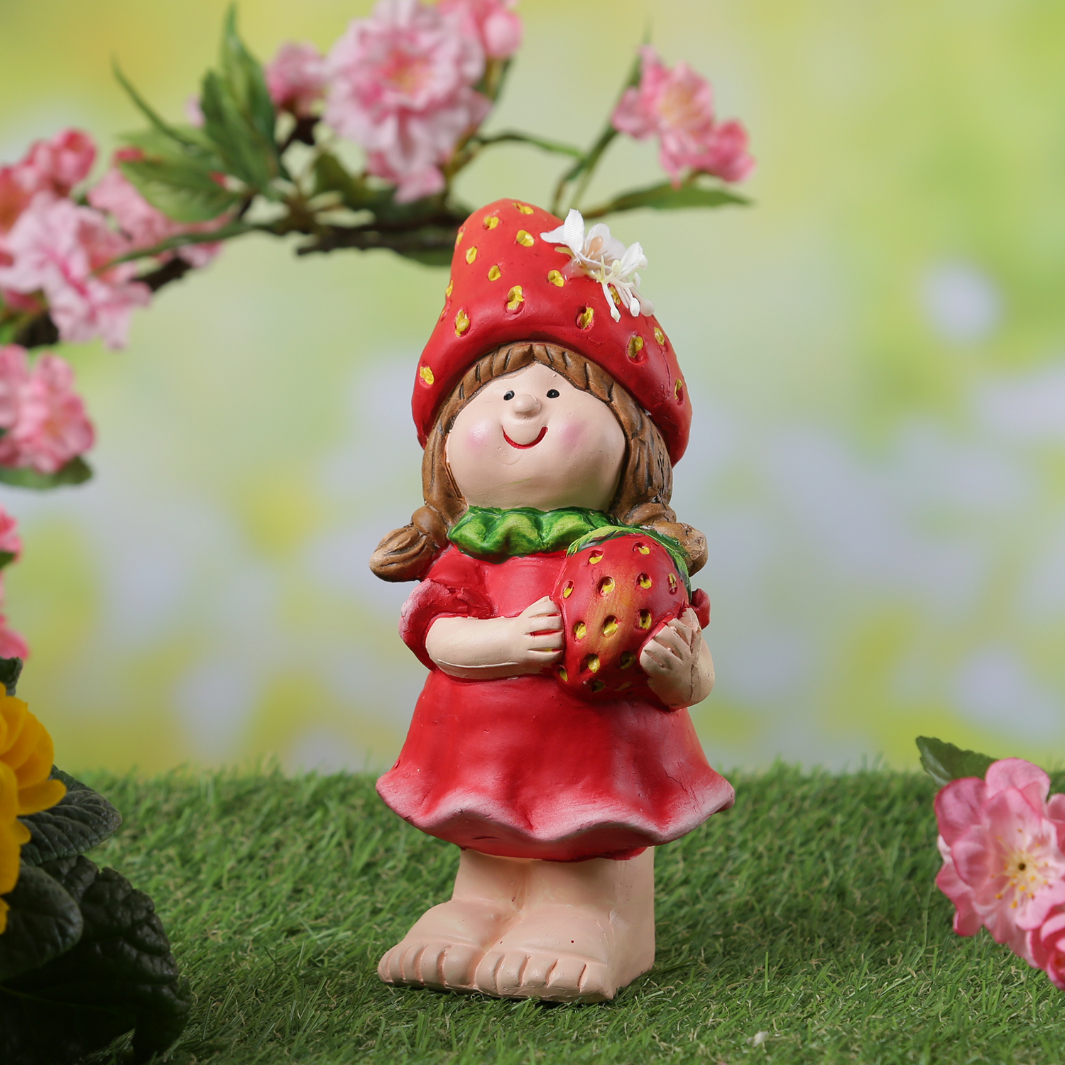 Dekofigur Erdbeermädchen Lotte - niedliche Gartenfigur mit Erdbeere - Keramik  - H: 18,5cm - rot
