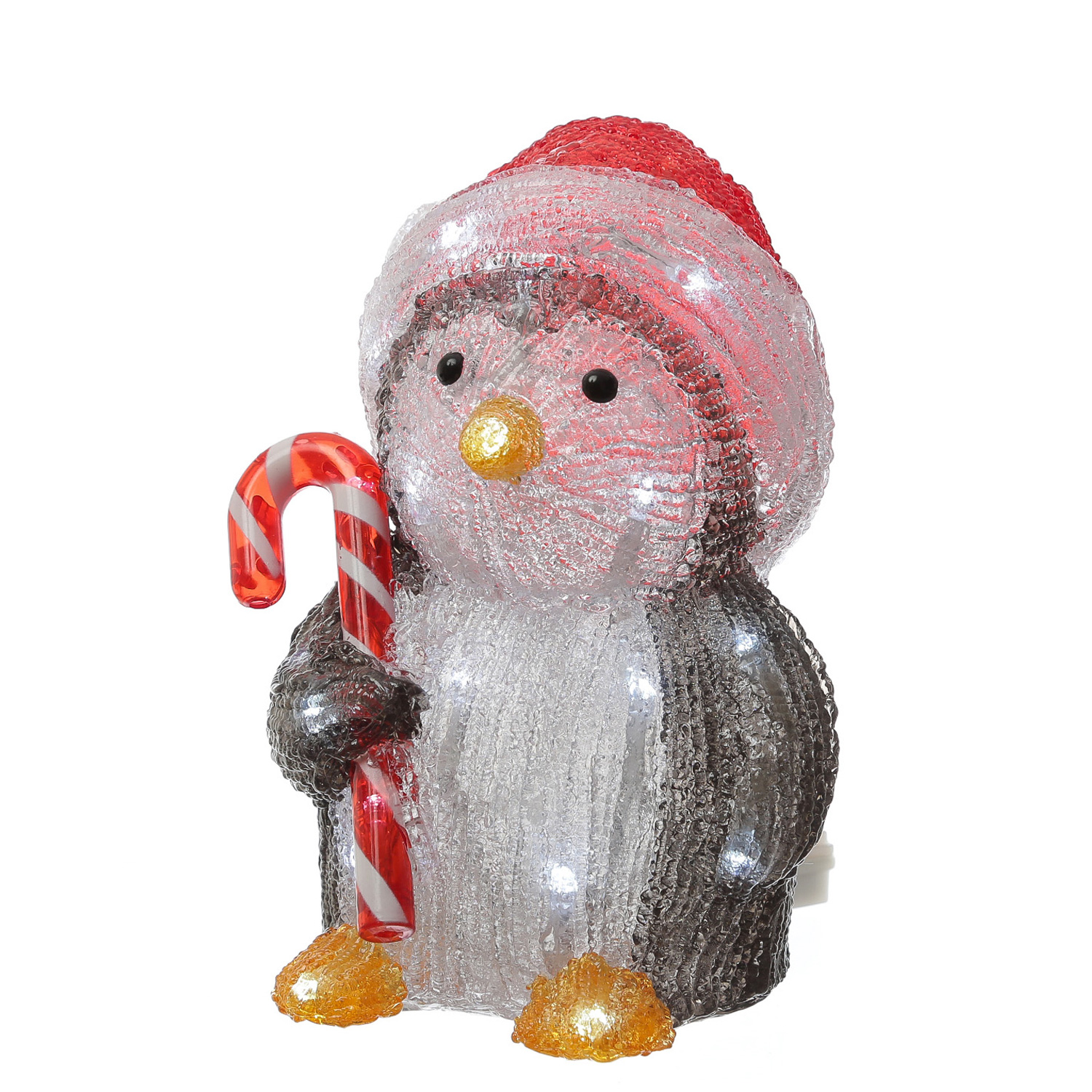 LED Pinguin mit Zuckerstange - Acrylfigur - 32 kaltweiße LED - H: 24cm - Timer - Batteriebetrieb