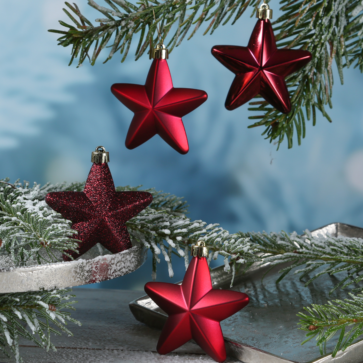 Christbaumschmuck STERN - Weihnachtsschmuck - bruchfest - glänzend matt glitzernd - weinrot - 6Stk.