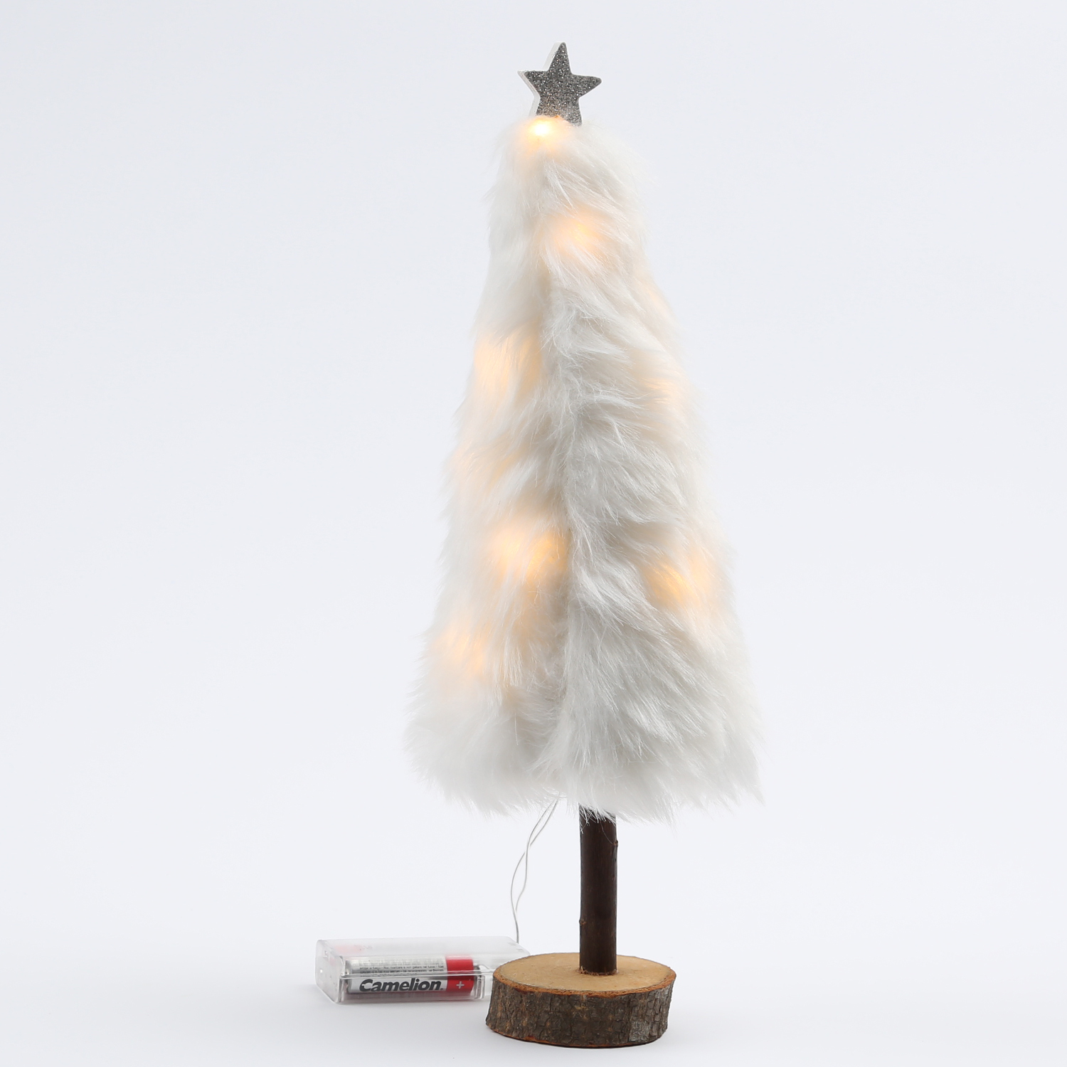 LED Dekobaum PLÜSCH - Holz - Plüschfell - warmweiße LED - Sternspitze - H: 36,5cm - Batterie - weiß