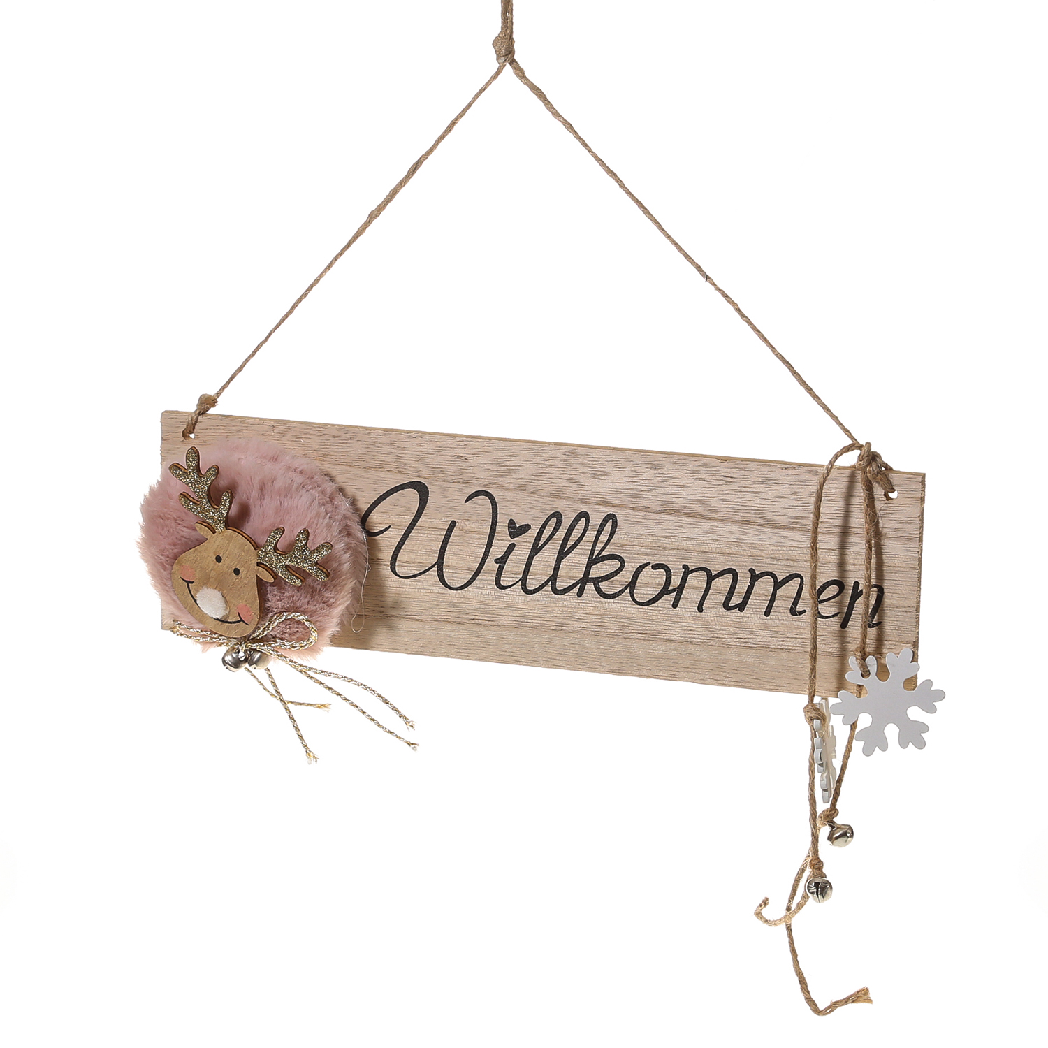 Willkommensschild Rentier mit kleinen Glocken - Türschild - Holz - hängend - L: 28cm - natur, rosa