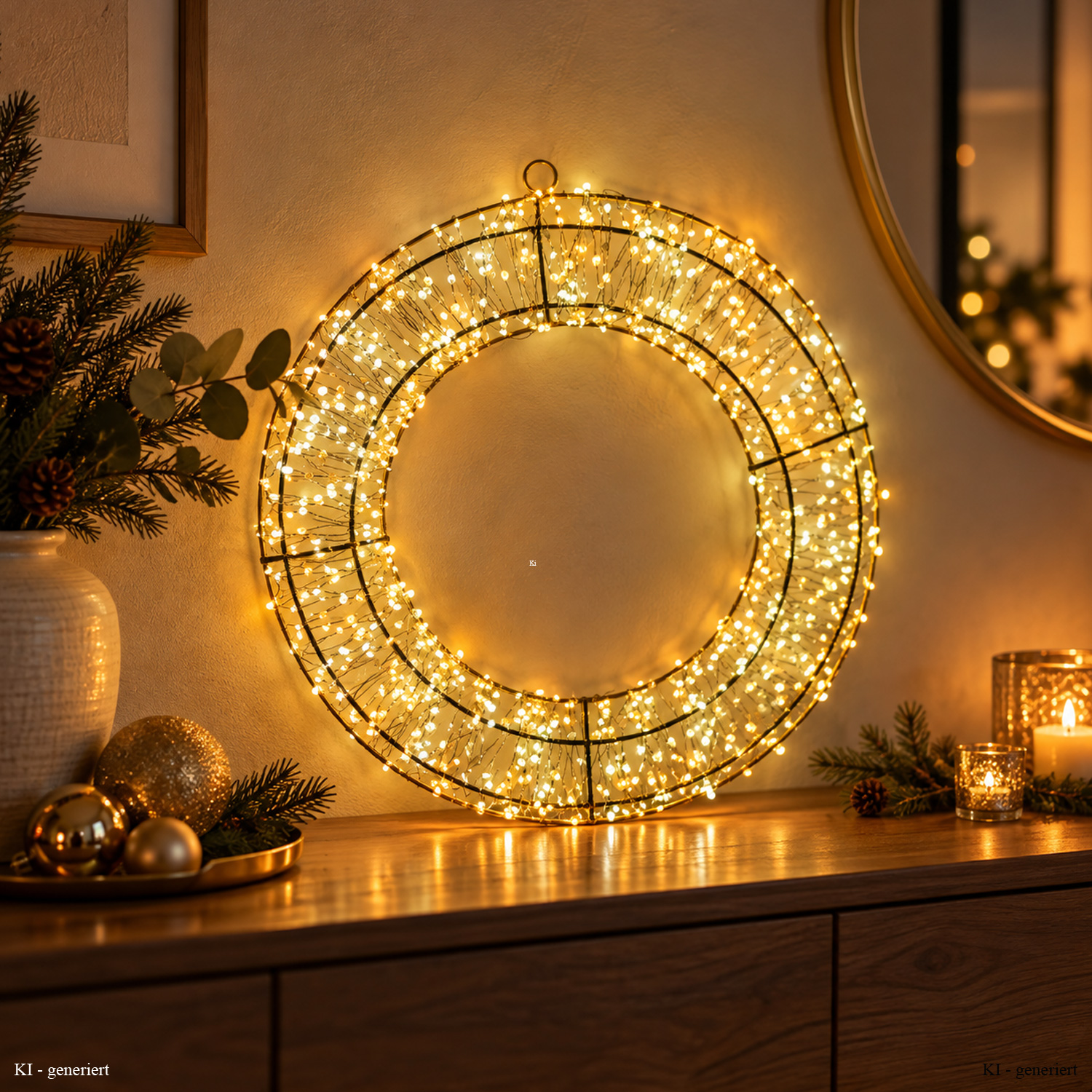 LED Kranz abgeflacht - goldener Lichterkranz mit 1500 LED - D: 40cm - 8Modi/Timer - Innen/Außen