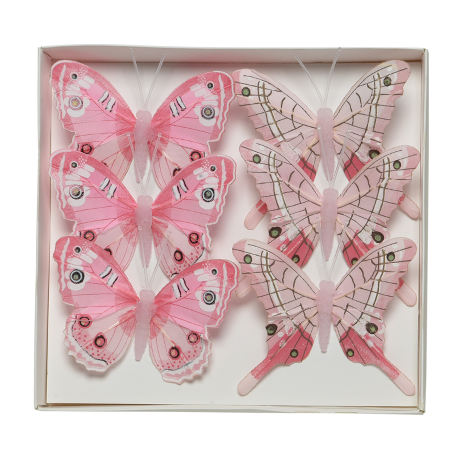 Deko Schmetterlinge - aus Federn - am Draht - H: 6,5cm - 2 Motive - rosa - 6er Set