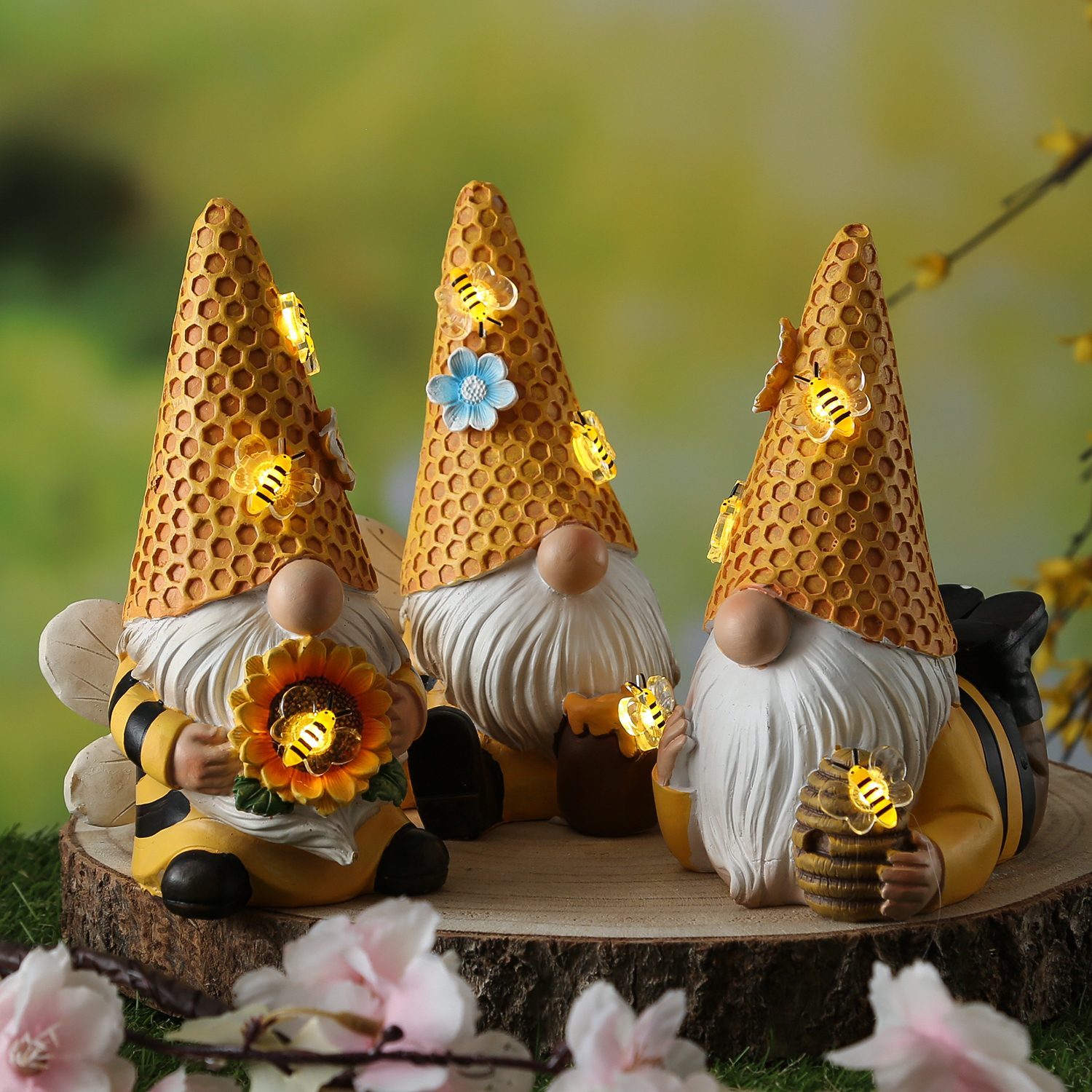 LED Solar Gartenzwerg Biene mit Honigtopf - Gartenfigur - warmweiße LED - Lichtsensor - H: 17,5cm