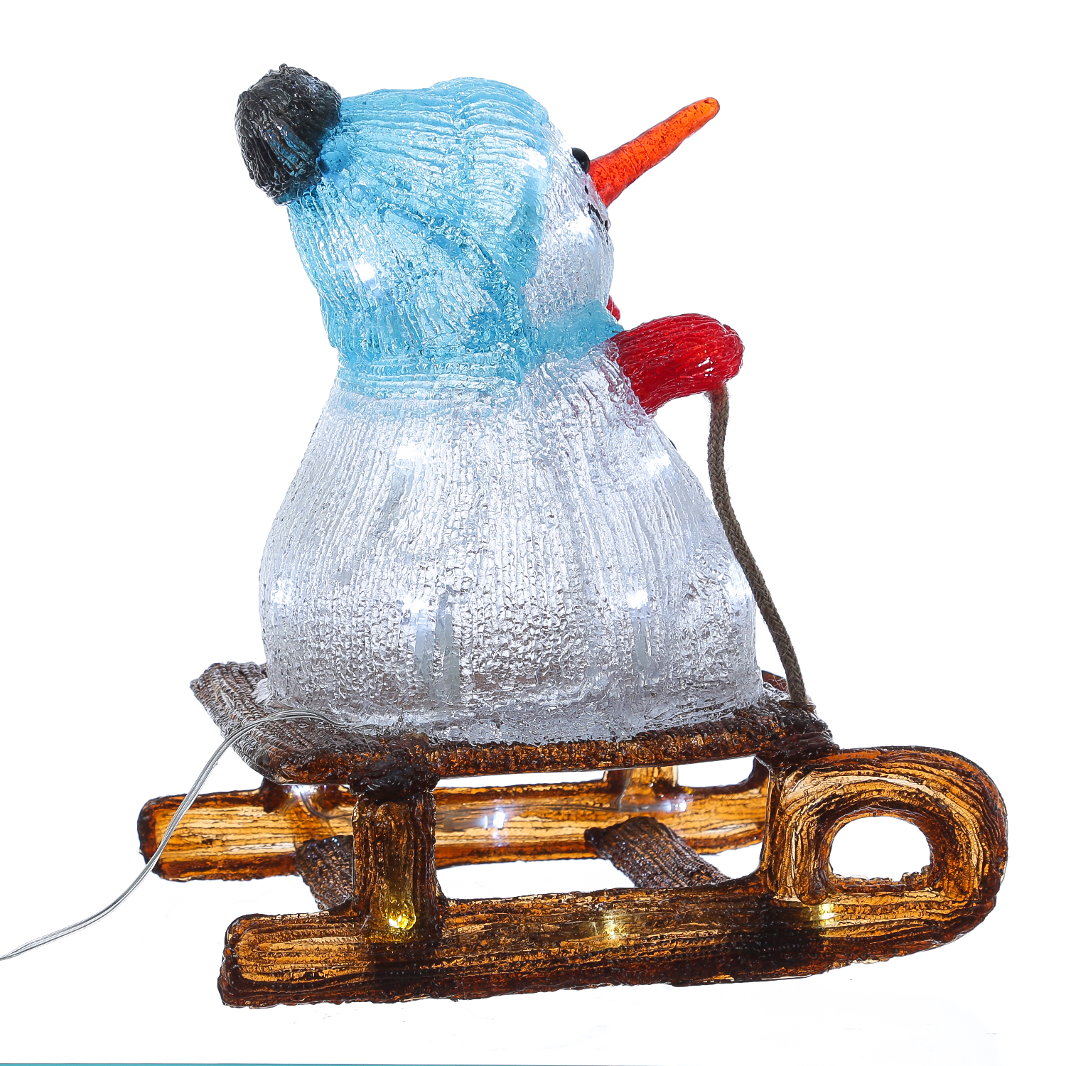 LED Schneemann mit Schlitten - Acrylfigur - 30 kaltweiße LED - H: 32cm - Timer - für Außen