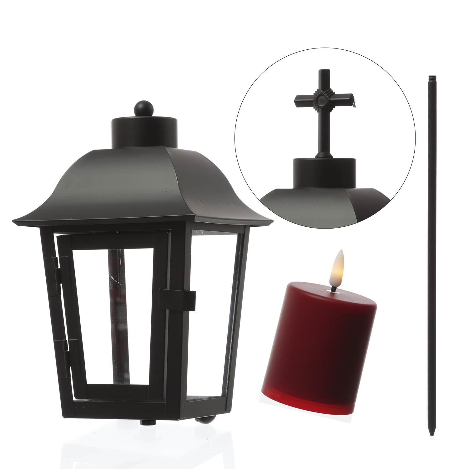 Grablaterne mit Mini LED Kerze - Grablampe mit 2 wechselbaren Spitzen/Erdspieß - H: 51cm - schwarz