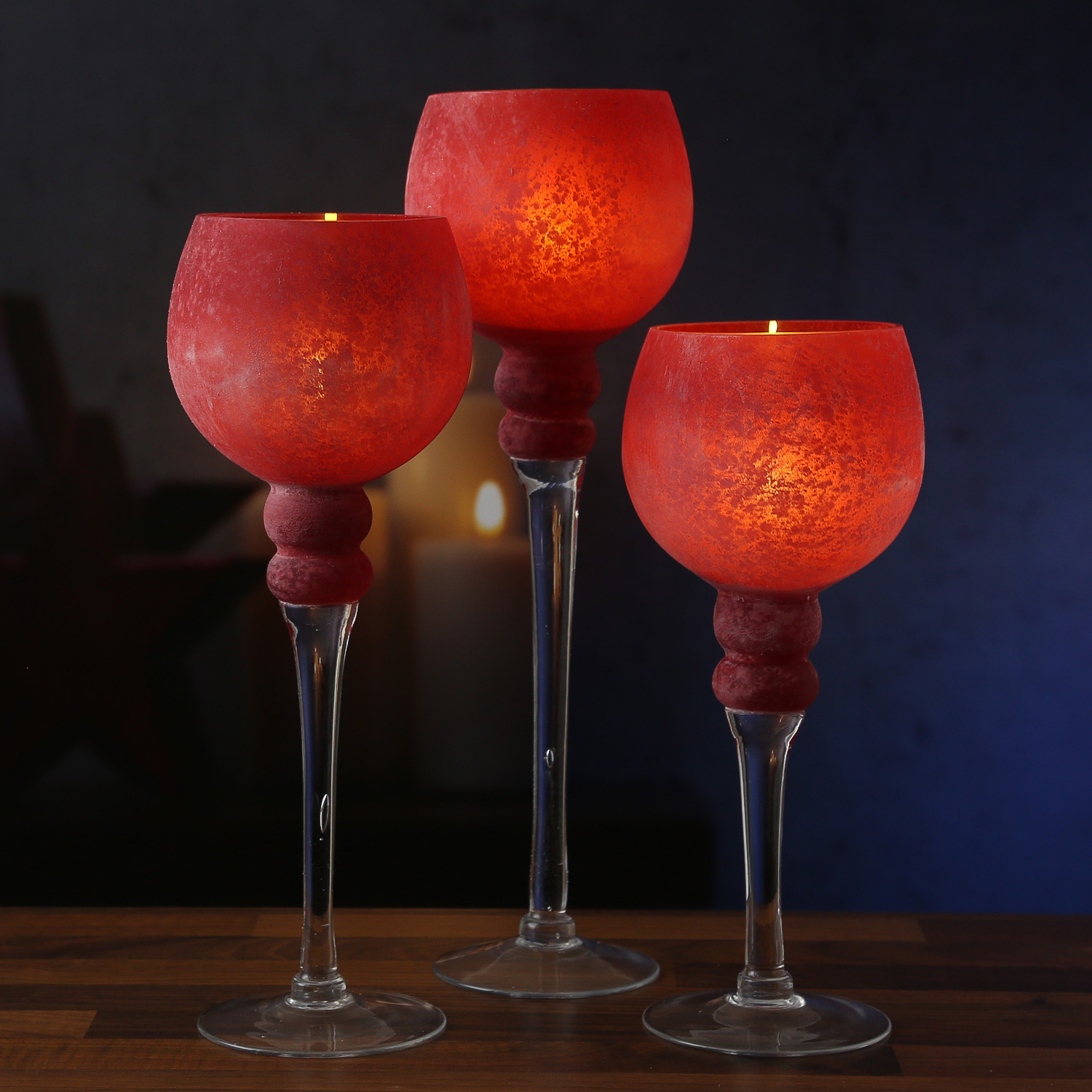 Kerzenhalter Kelch FROST - Glas - H: 30cm, 35cm, 40cm - gefrostet und rot satiniert - 3er Set