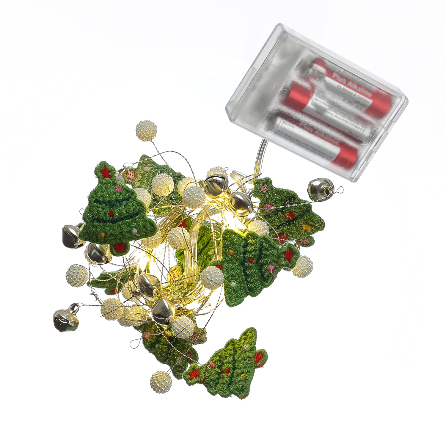 LED Drahtlichterkette Tannenbaum - mit Glöckchen - 20 warmweiße LED - L: 1,9m - Timer - grün, weiß
