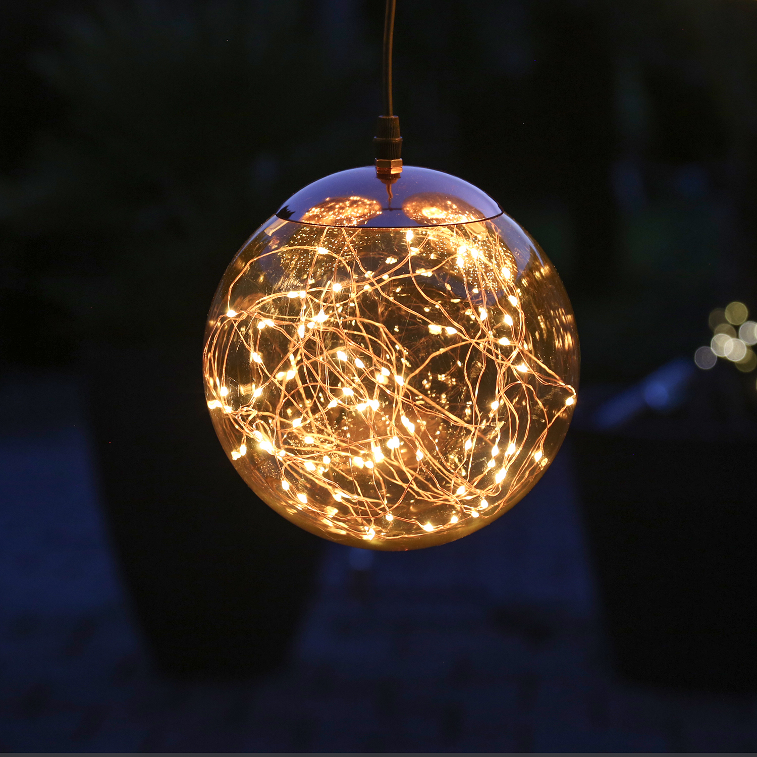 LED Kugel mit Drahtlichterkette - hängend - 80 bernsteinfarbene LED - D: 20cm - f. Außen - rauchgrau