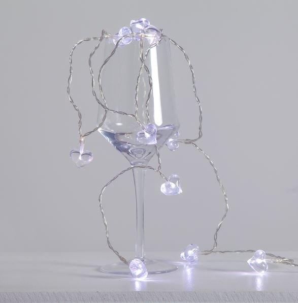 LED Lichterkette Herzen - 10 weiße LED - Batteriebetrieb - Timer - 1,35m - transparent